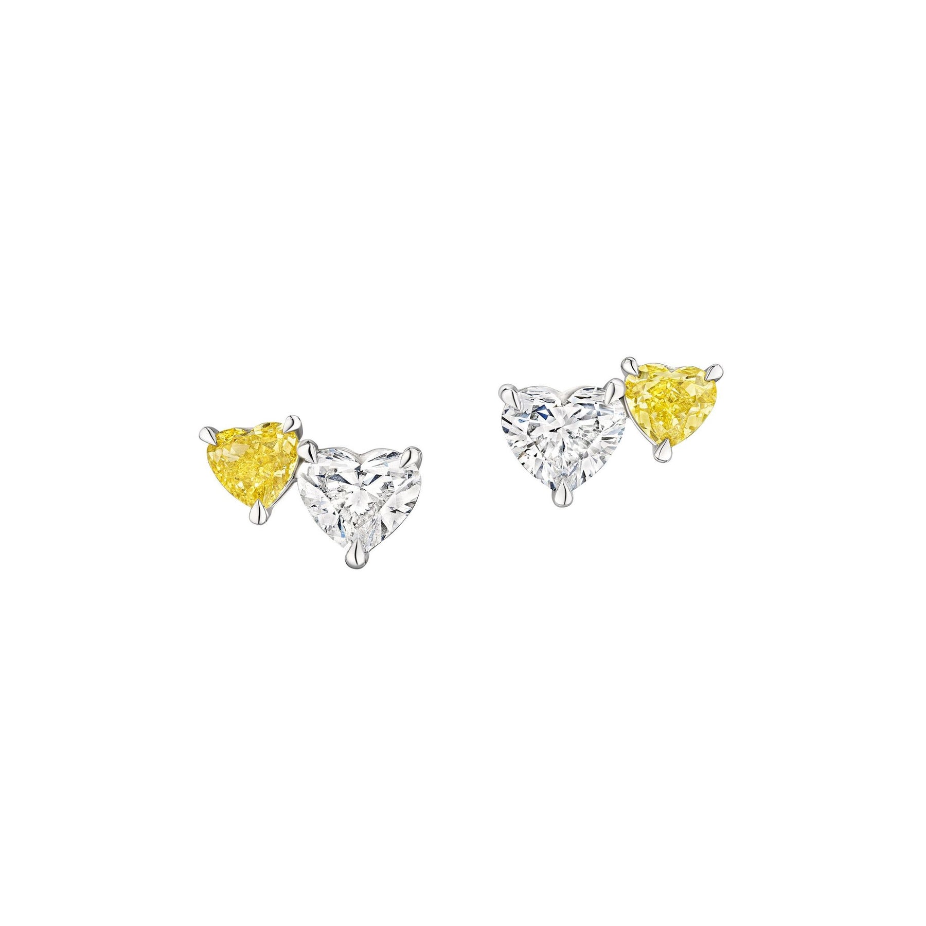 Heart Shaped White and Yellow Diamond Duo Studs