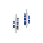 Chroma Empire Color Gradient Sapphire and Diamond Studs: silver earrings with vertical rows of sparkling white diamonds and rectangular blue sapphires in a geometric design from the Chroma collection.