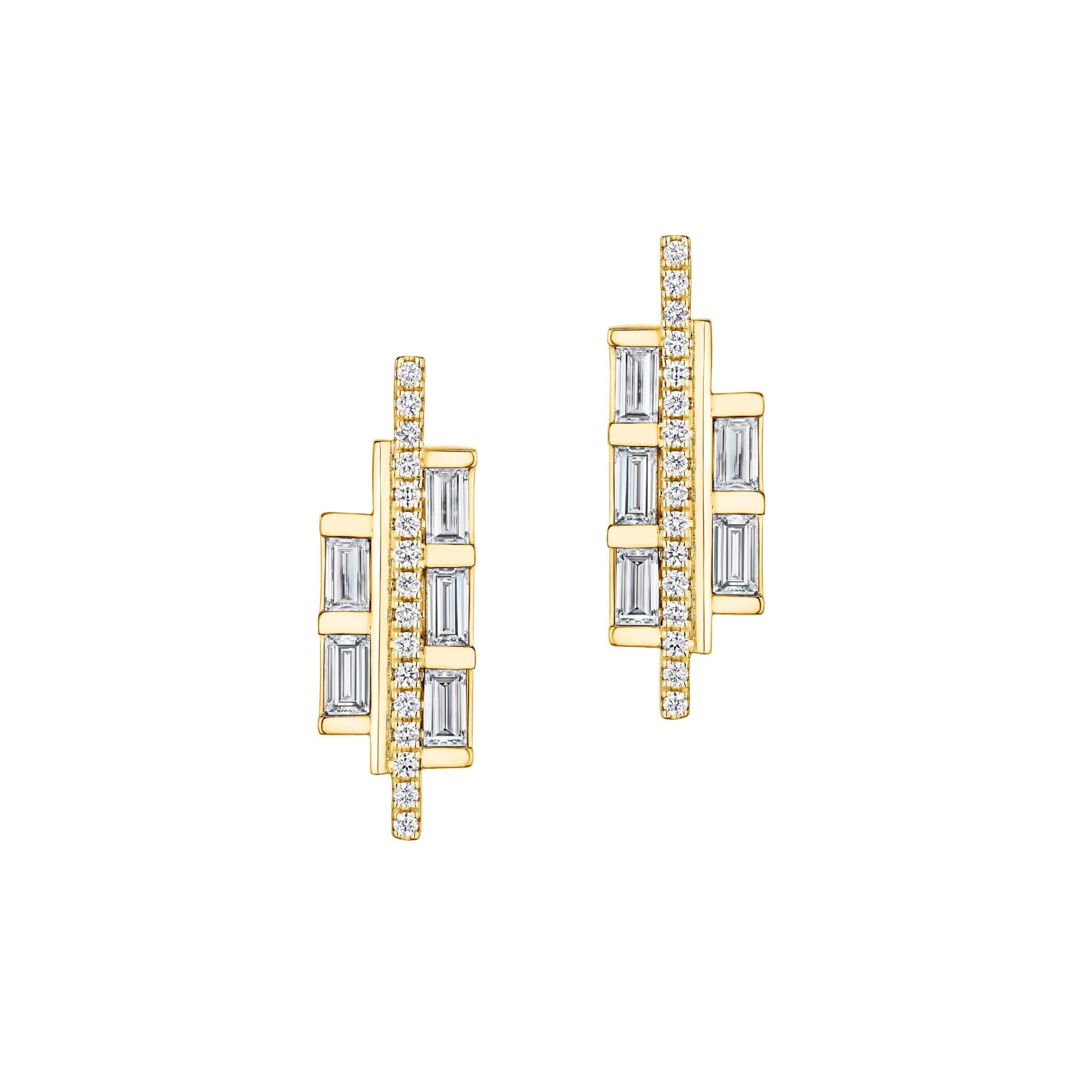 The Empire Baguette Diamond Studs in Yellow Gold showcase a modern geometric design with vertical baguette diamonds and pavé accents, crafted in 18K yellow gold for a structured, elegant look.