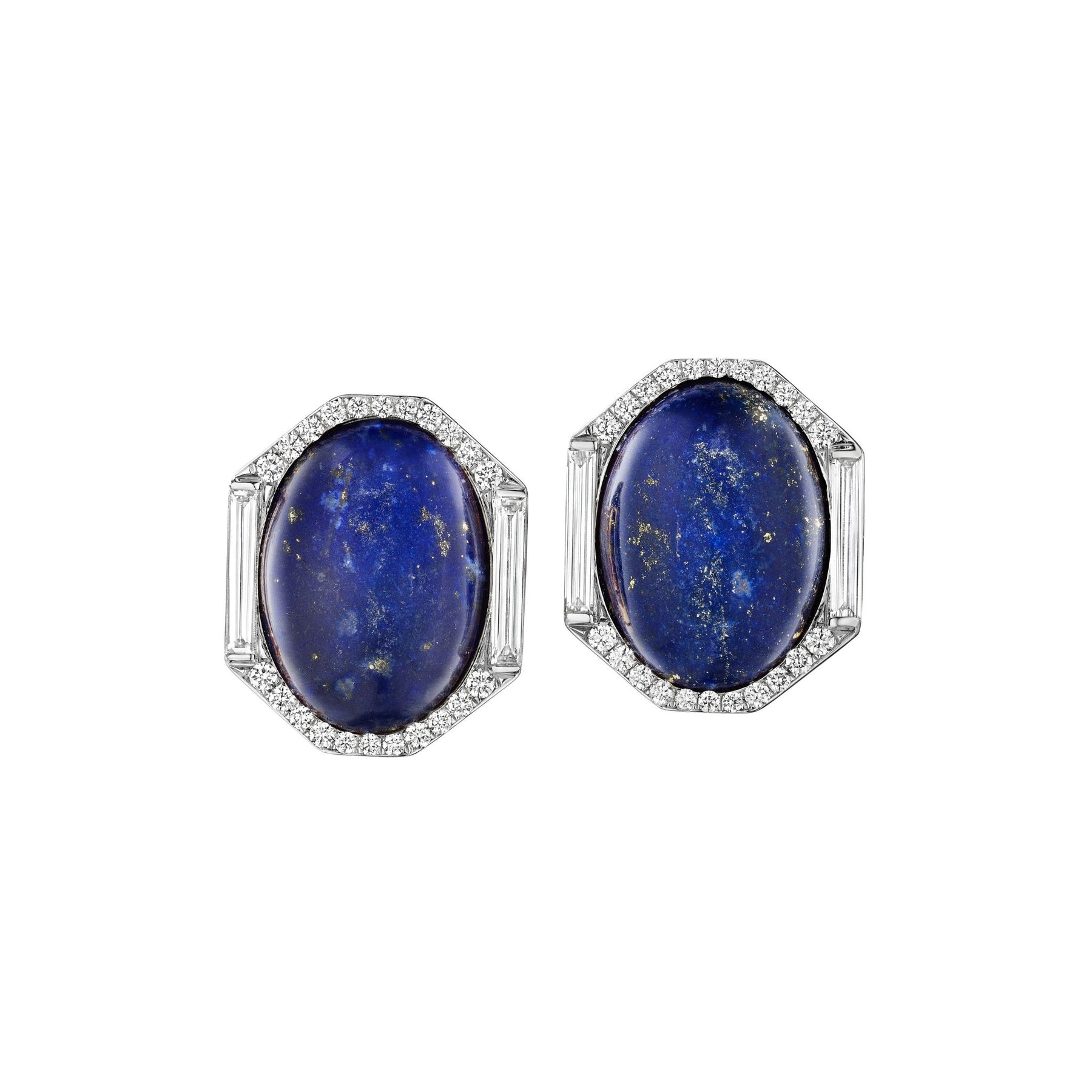 Oval Lapis Lazuli Studs with Elongated Baguette Diamonds and Pavé