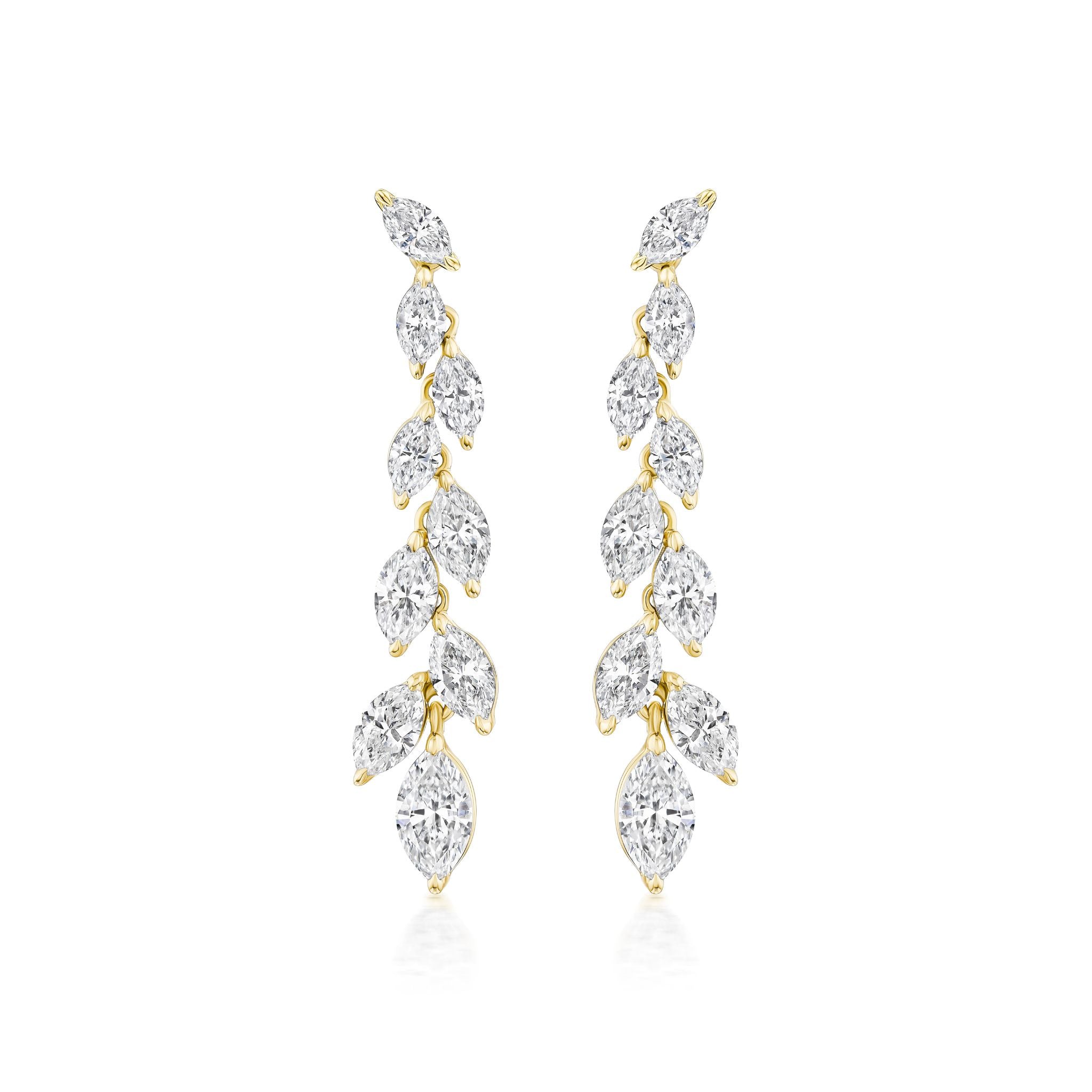 The Marquise Diamond Waterfall Drop Earrings in Yellow Gold feature a vertical row of leaf-shaped clear gemstones, arranged like a vine or branch, set against a white background.