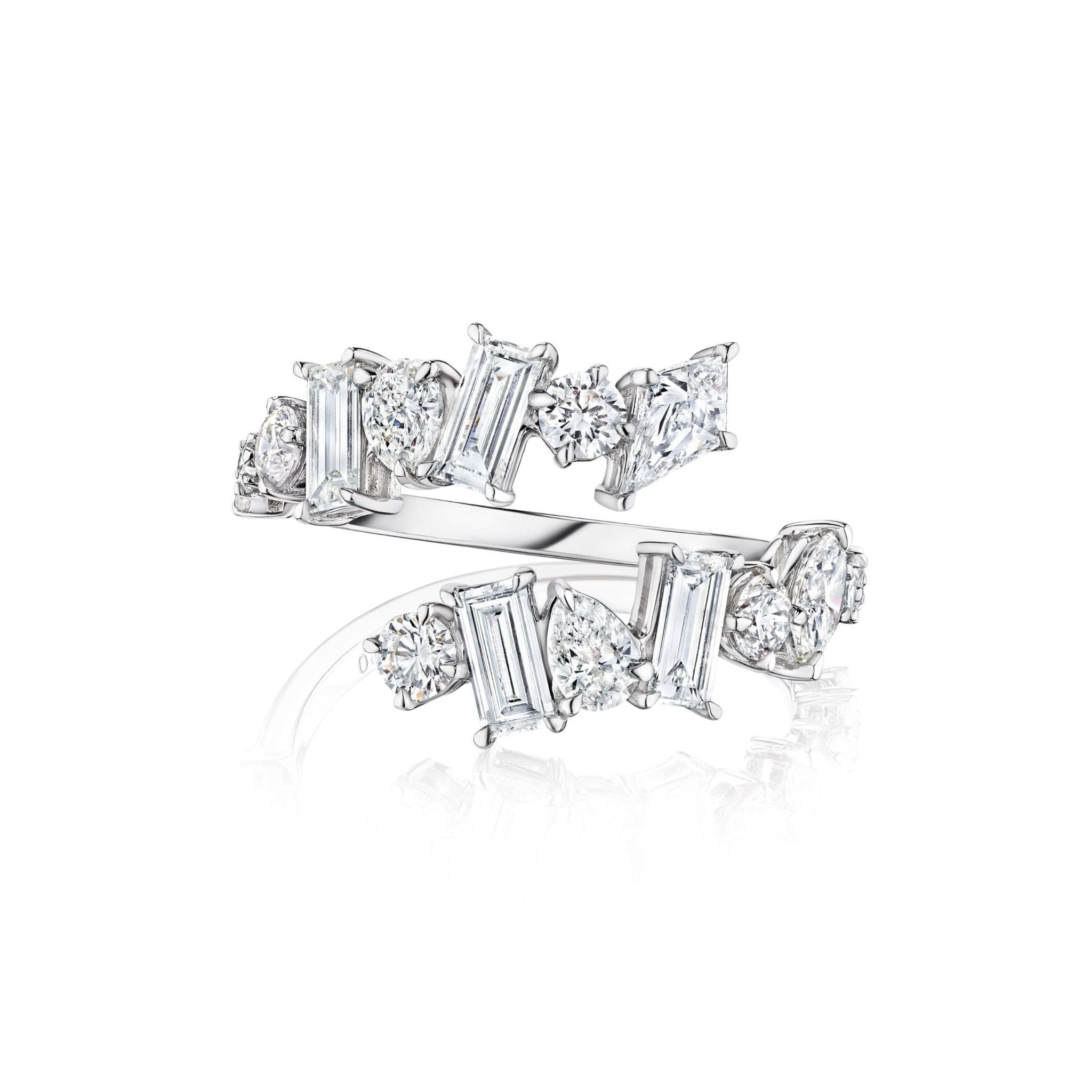 The Mixed Shape Kite Diamond Wraparound Ring in White Gold features an open design with round, baguette, and kite diamonds arranged asymmetrically along the white gold band.