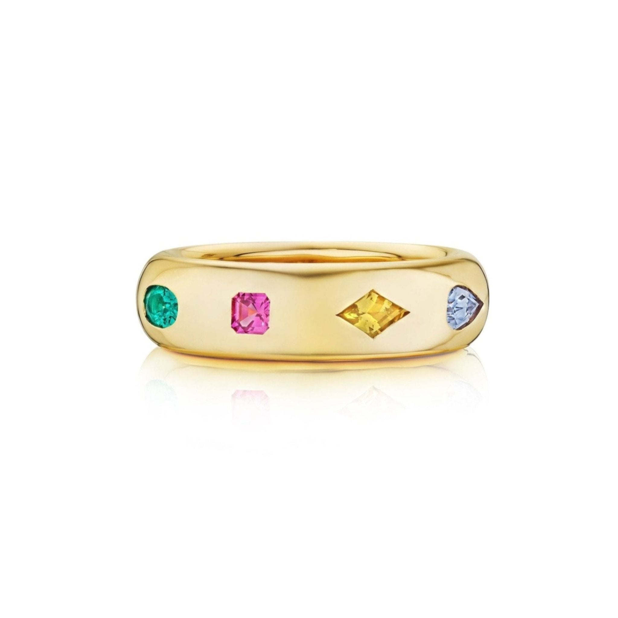 The Chroma Stackable Dome Ring features 18K yellow gold with burnish-set sapphires and emeralds in round green, square pink, marquise yellow, and diamond-shaped light blue cuts.