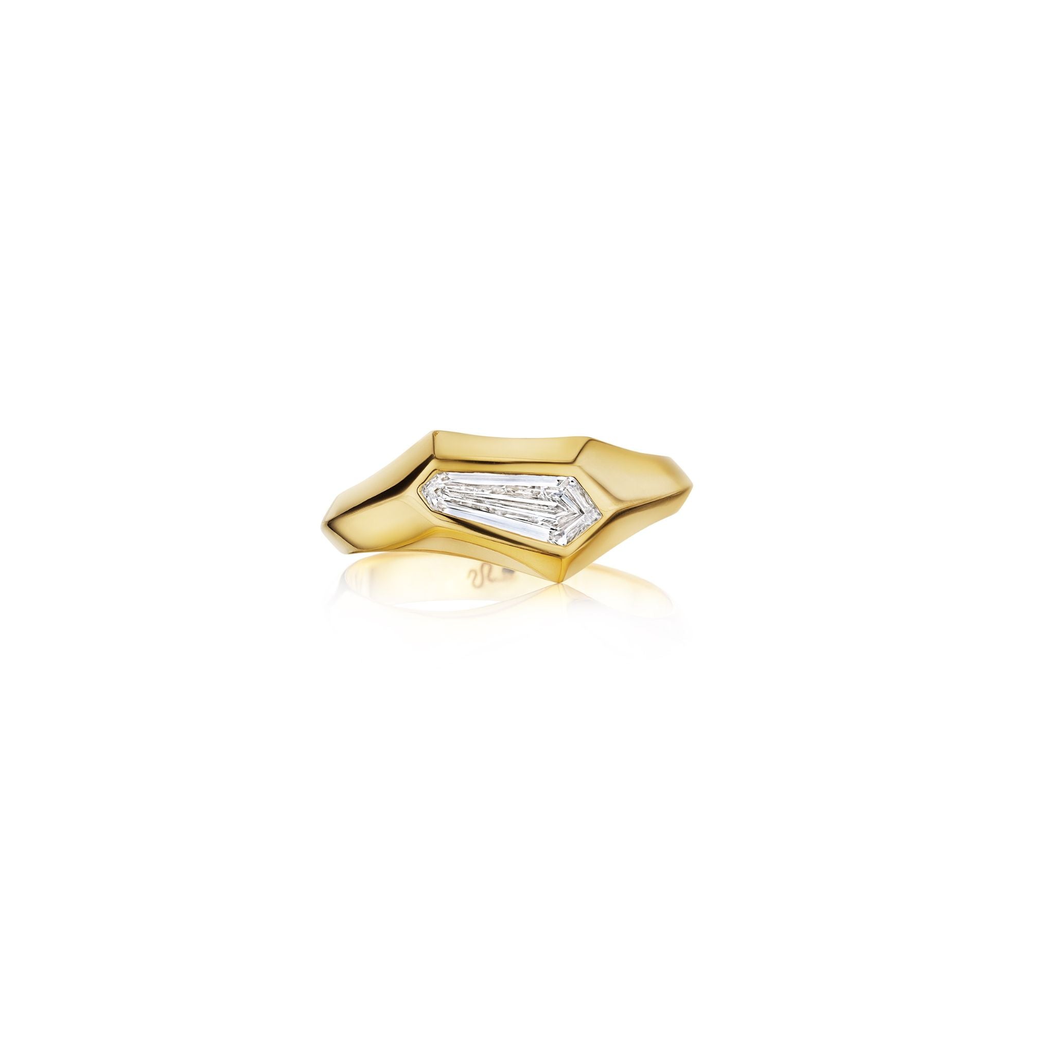 The Bespoke Geometric Burnish Set Ring in yellow gold features a striking shield cut diamond centerpiece and an irregular geometric design, showcased against a white background.