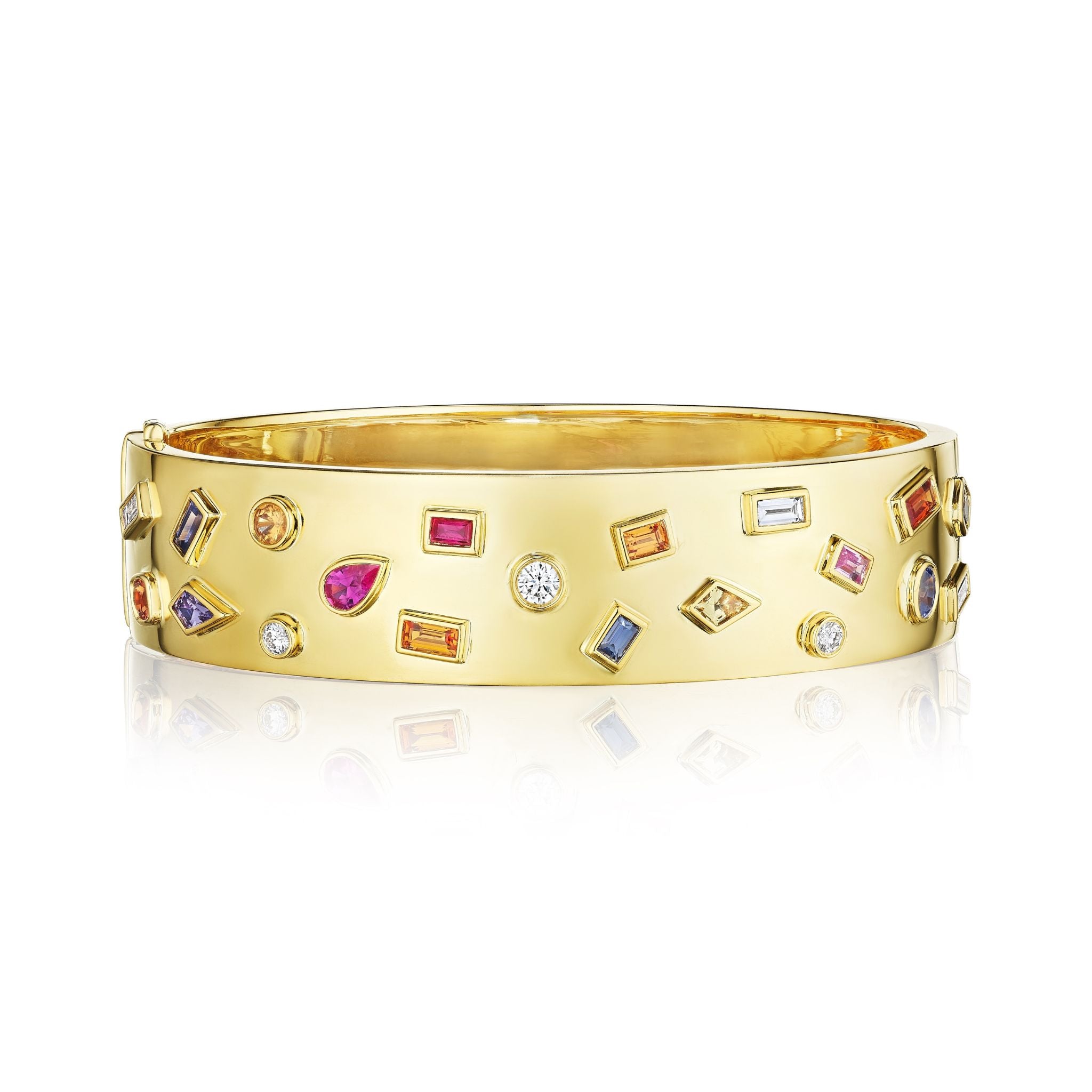 The Bespoke Bezel Set Multi Shape Mixed Stone Bangle in Yellow Gold features round, square, and teardrop stones in a scattered bezel setting.