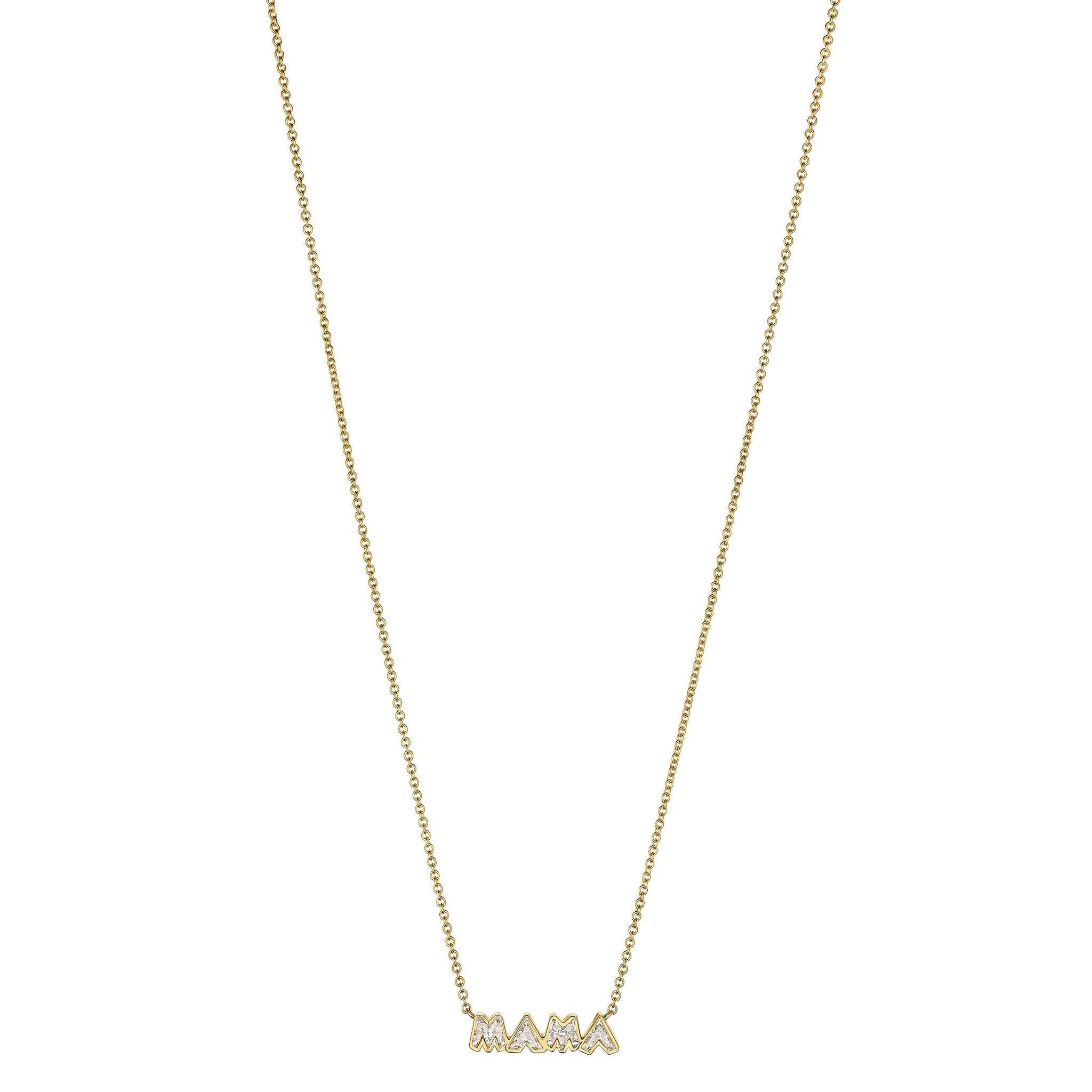 The Bezel Set "Mama" Diamond Pendant Chain Necklace in Yellow Gold features sparkling letters and adds a personalized shine to any look.