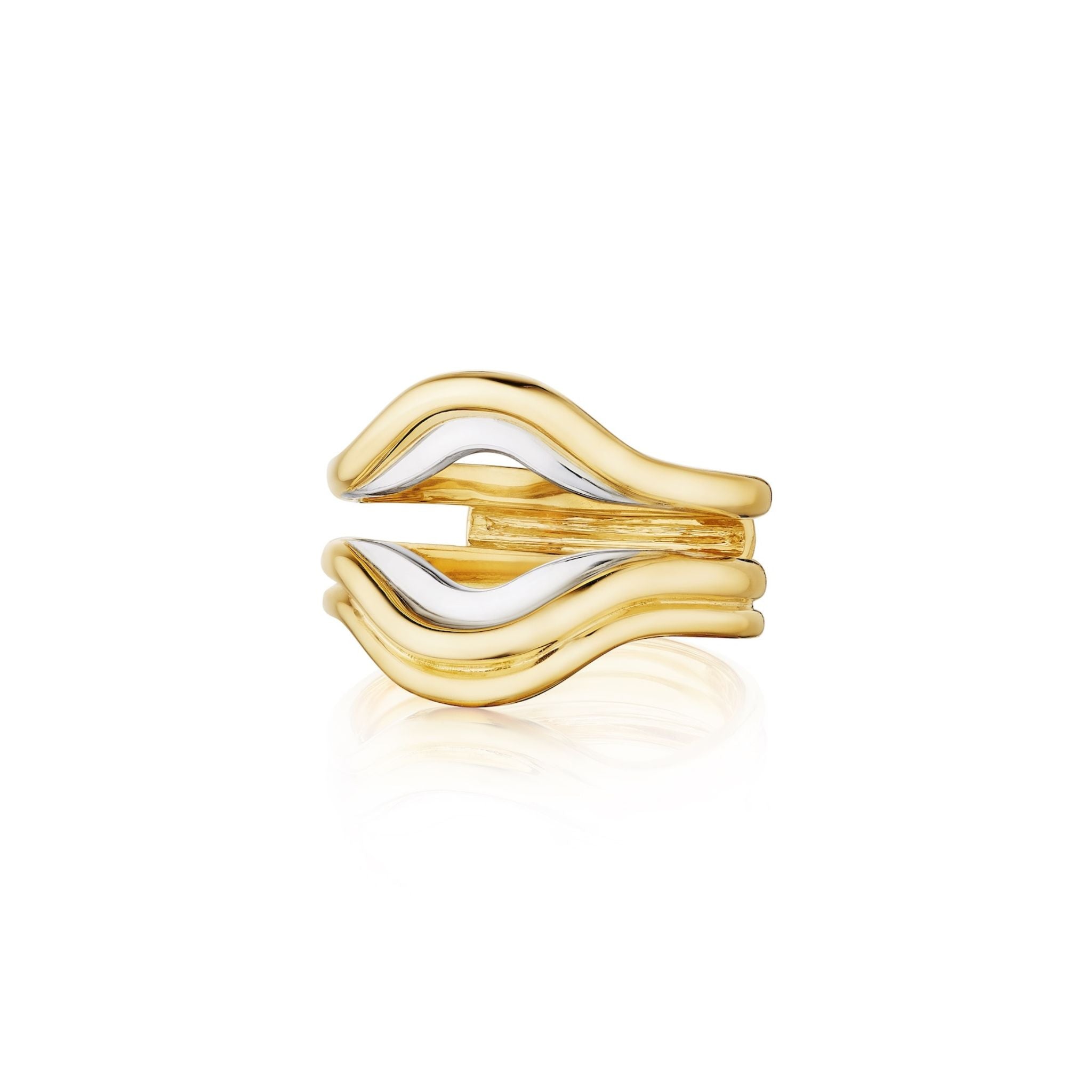The Single and Double Band Contour Yellow Gold Ring Jacket features two 18k yellow gold curved bands framing a central silver band in a wavy, layered design, displayed on a white background.