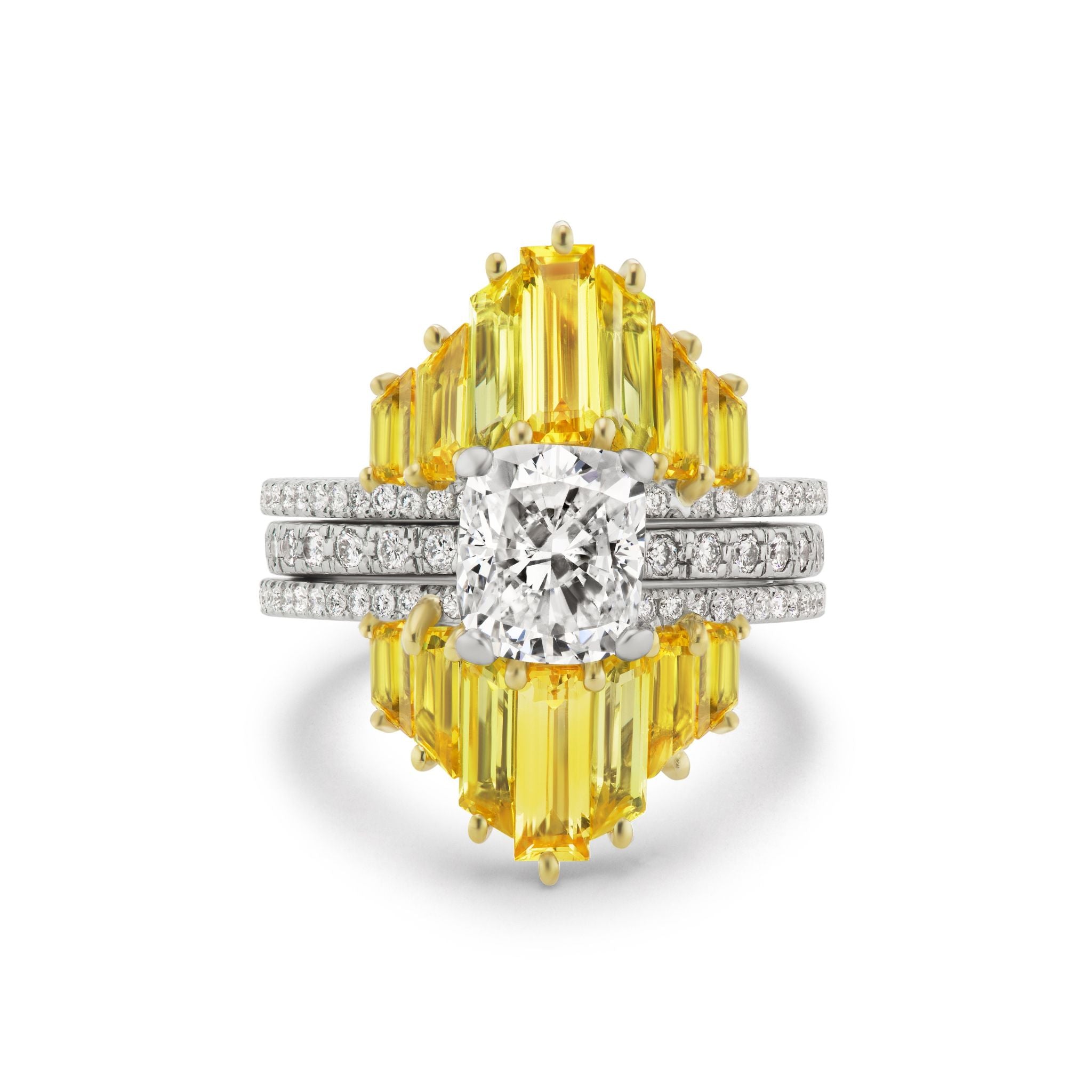 The Bespoke Yellow Baguette Sapphire Ring Jacket in White Gold features a central white diamond, geometric rows of yellow baguette sapphires, and three pavé diamond-studded bands for added brilliance.
