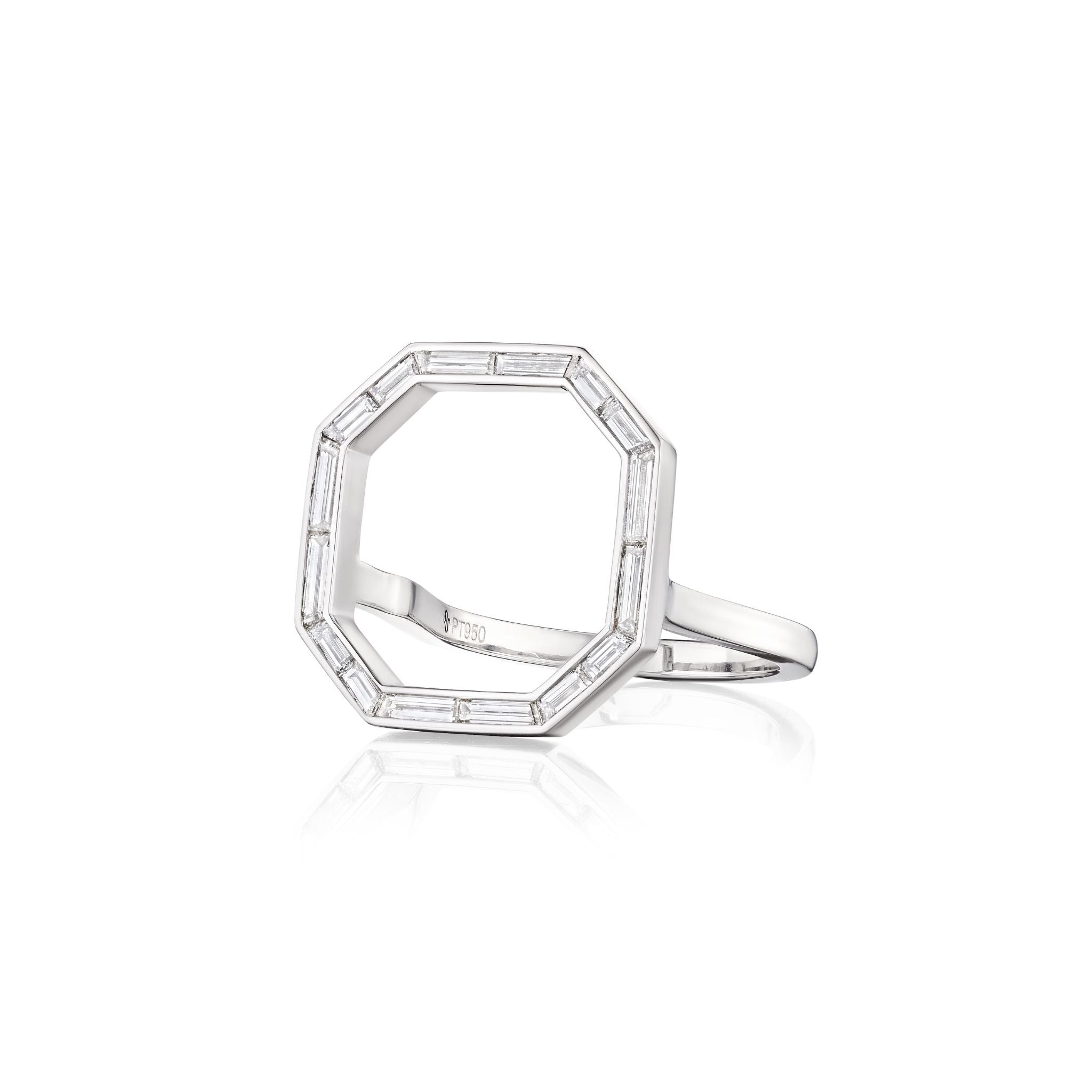 The Bespoke Channel Set Trapezoid Baguette Diamond Ring Jacket in White Gold features an open octagonal design with channel set baguette diamonds, displayed on a white background.