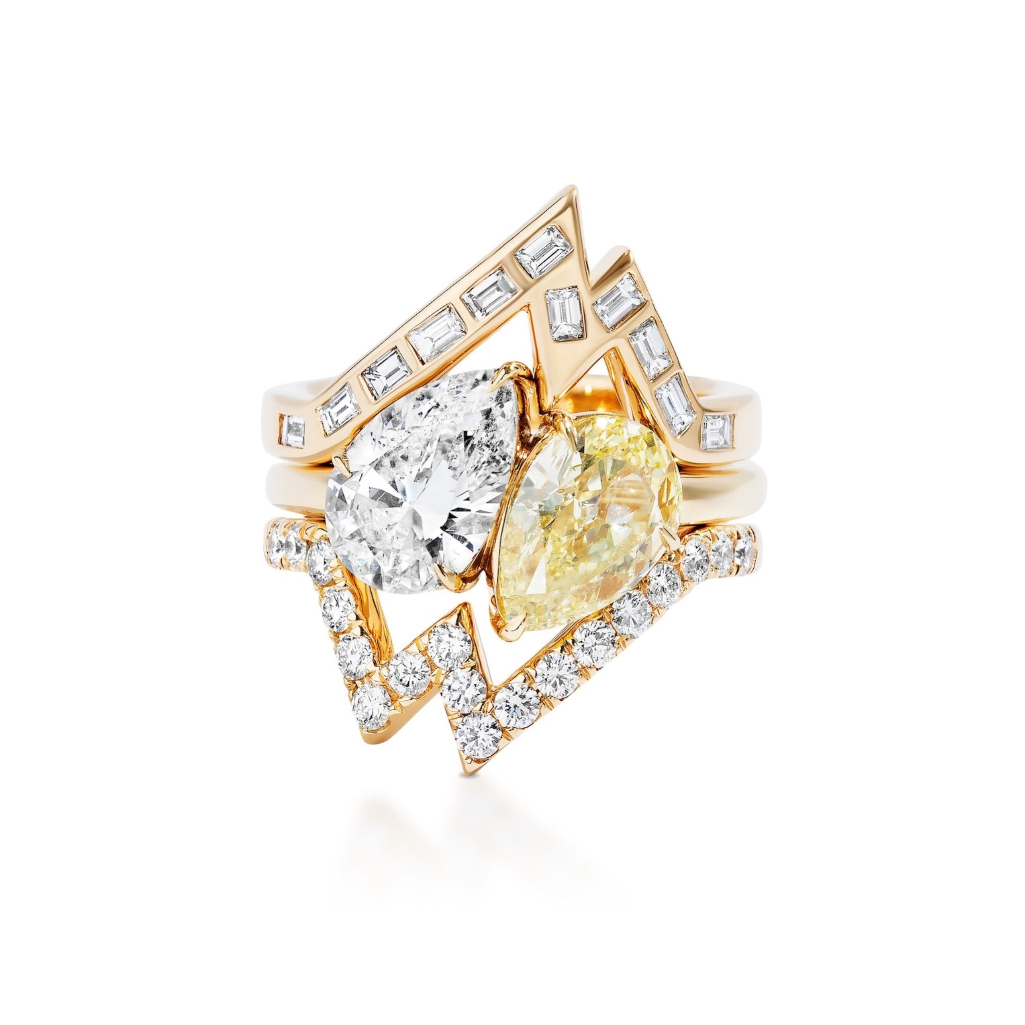 The Bespoke Baguette and Round Diamond Ring Jacket in Yellow Gold features two large pear-shaped diamonds, one clear and one yellow, set side by side with a bold zigzag design adorned with round diamonds.