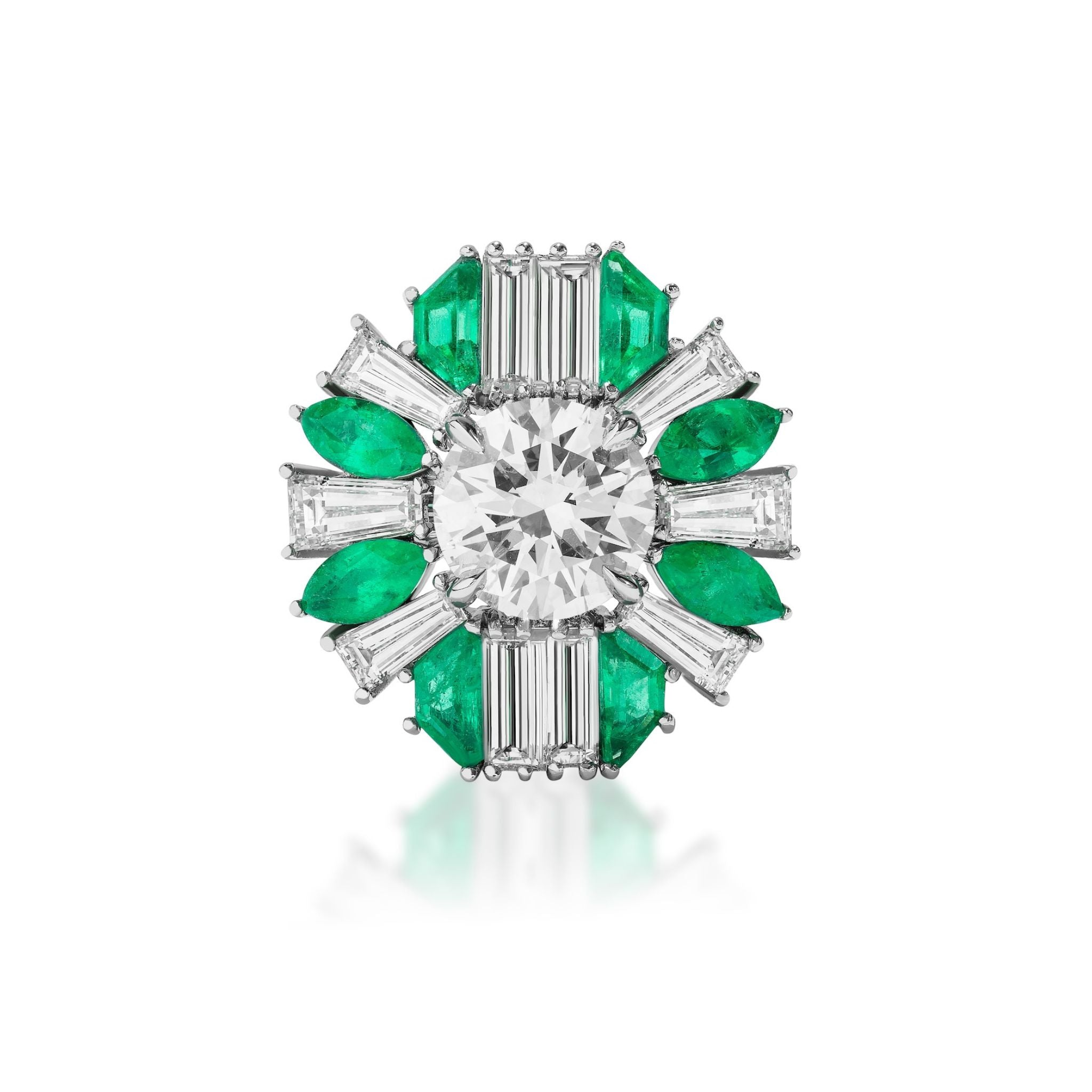 The Bespoke Mixed Shape Emerald and Diamond Ring Jacket in White Gold features a central round diamond accented by baguette diamonds and vivid green emeralds in an ornate floral starburst design.