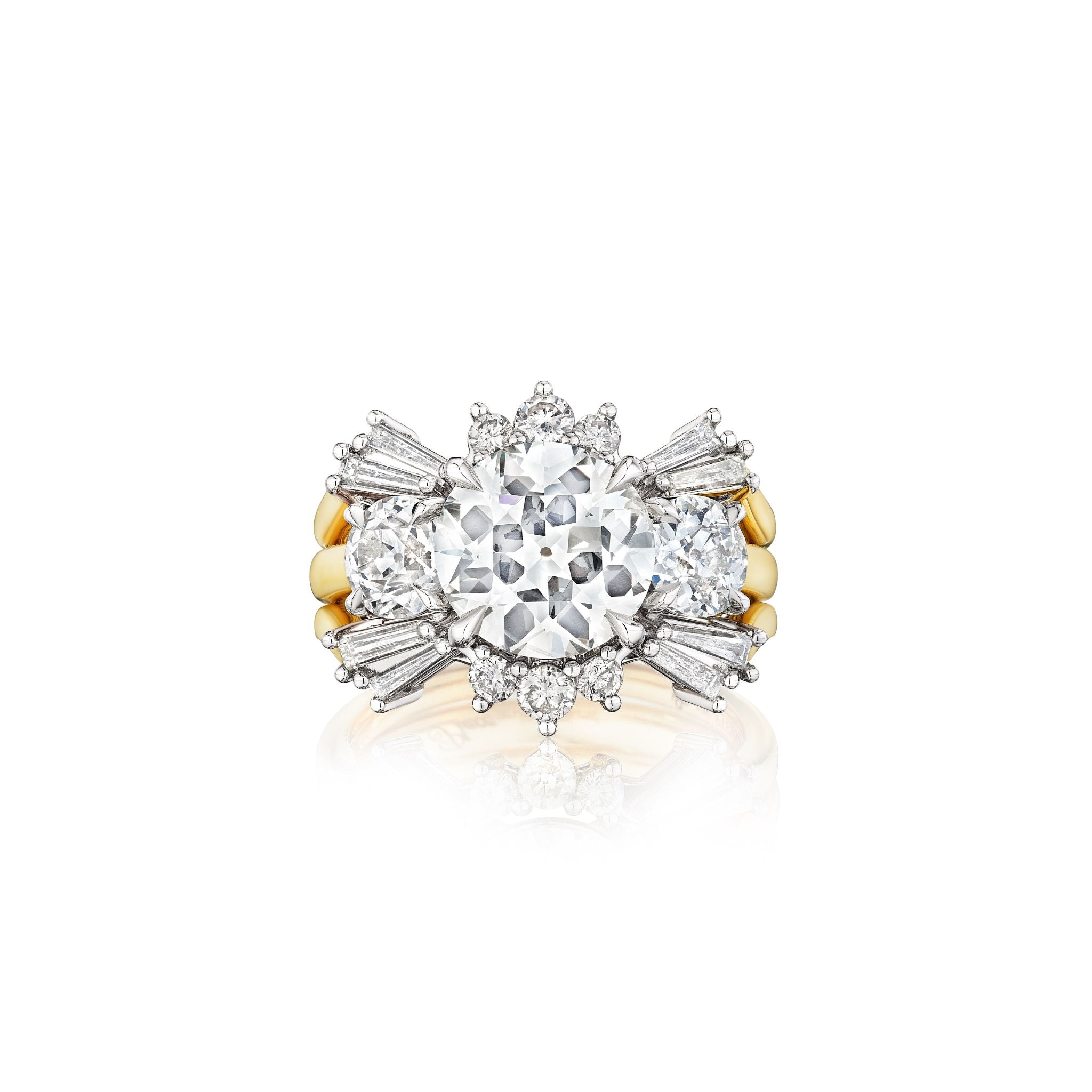 The Bespoke Round and Tapered Baguette Diamond Ring Jacket in Yellow Gold features a starburst design with a round center, two side diamonds, and multiple baguette and round diamonds radiating outward.