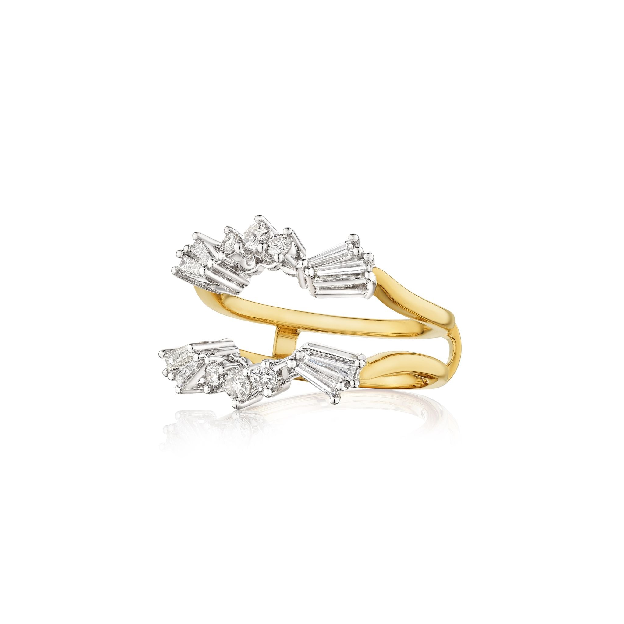 The Bespoke Round and Tapered Baguette Diamond Ring Jacket in Yellow Gold features an open design with clusters of round and tapered baguette diamonds arranged asymmetrically on each end.
