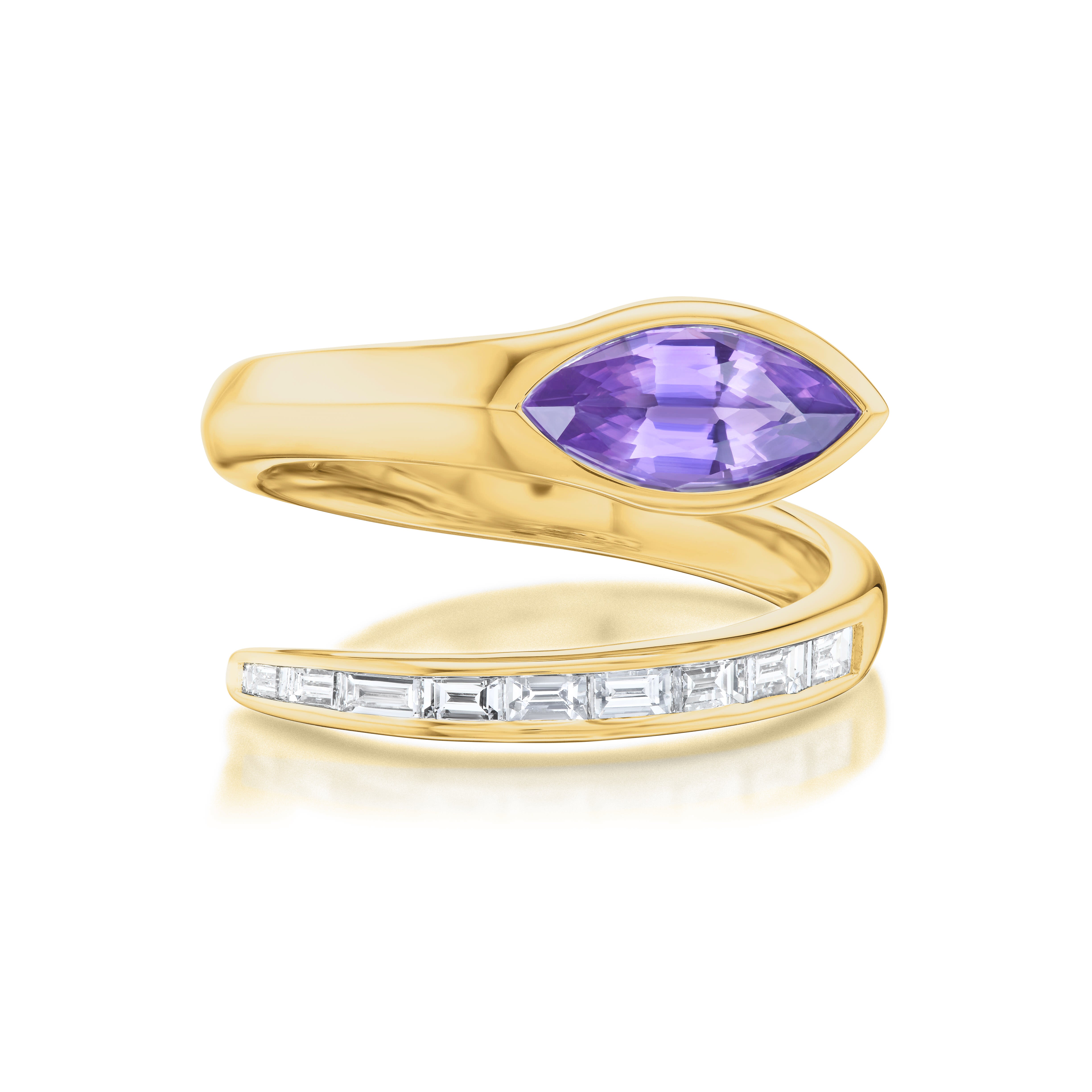 The Snake Wraparound Ring features a marquise sapphire and baguette diamonds set in an open 18K yellow gold design.