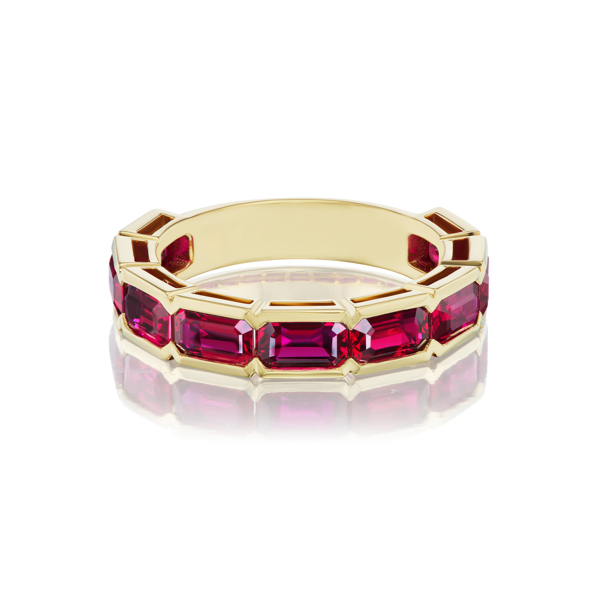 Bezel Set East-West Emerald Cut Ruby Half-Eternity Band in Yellow Gold