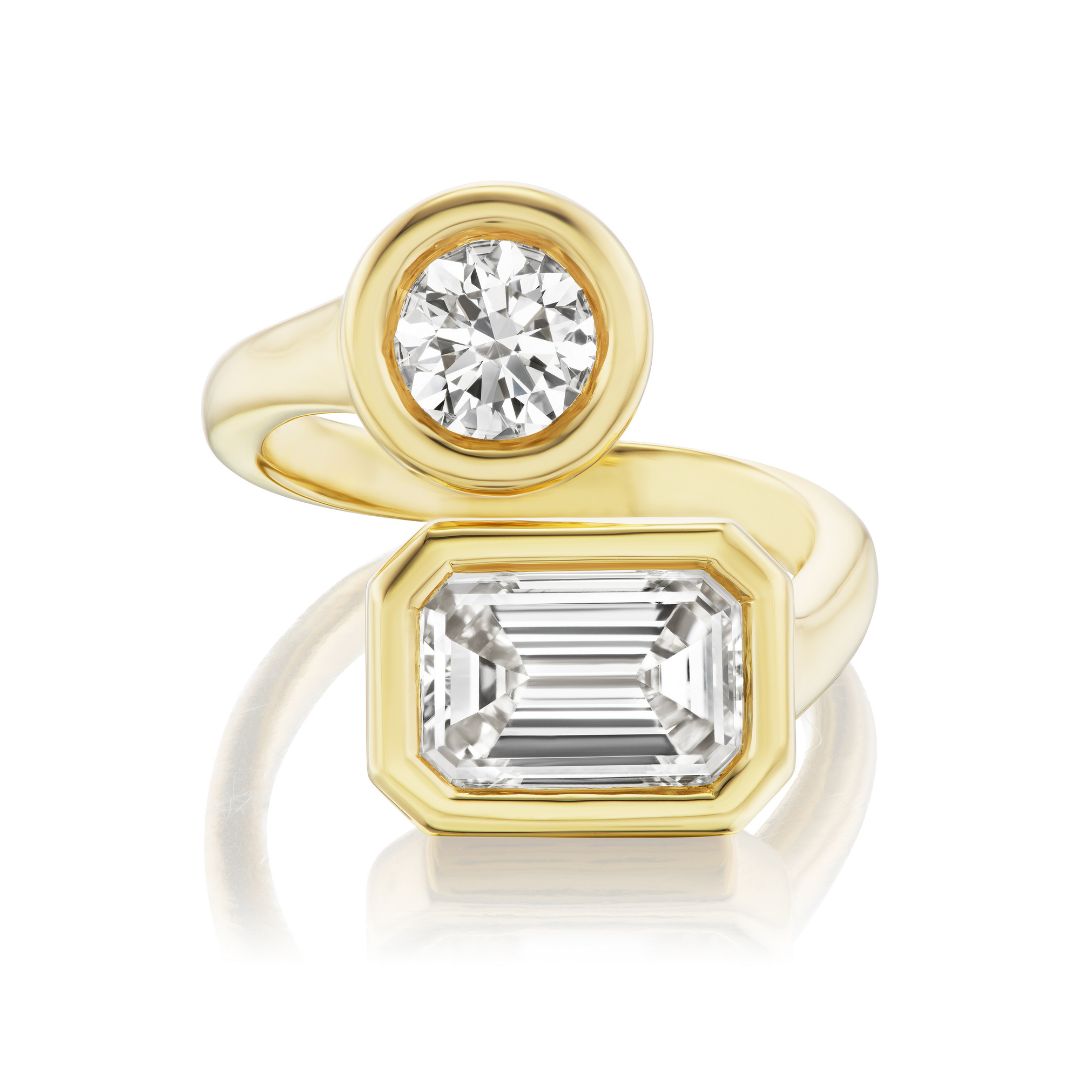 Toi Et Moi Wraparound Ring Bezel Set in Yellow Gold with Round and Emerald Cut Diamonds