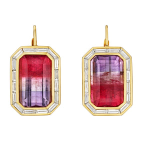 Watermelon Tourmaline Drop Earring with Trapezoid Baguette Diamond Halo in Yellow Gold