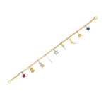 The America250 Ruby, Pearl, Sapphire, and Diamond Charm Bracelet in yellow gold features seven unique charms—like a red gem, bell, snake, bird, and an eye triangle—displayed on a white background.