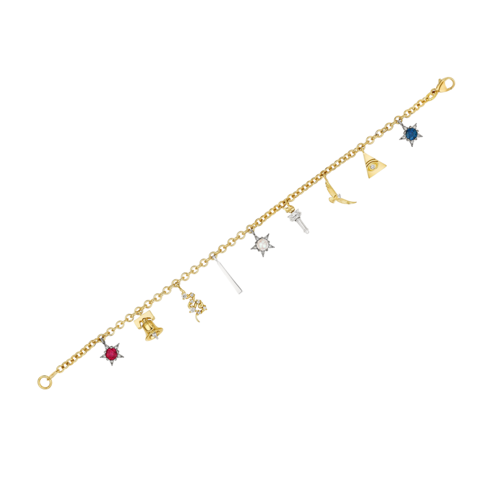 The America250 Ruby, Pearl, Sapphire, and Diamond Charm Bracelet in yellow gold features seven unique charms—like a red gem, bell, snake, bird, and an eye triangle—displayed on a white background.