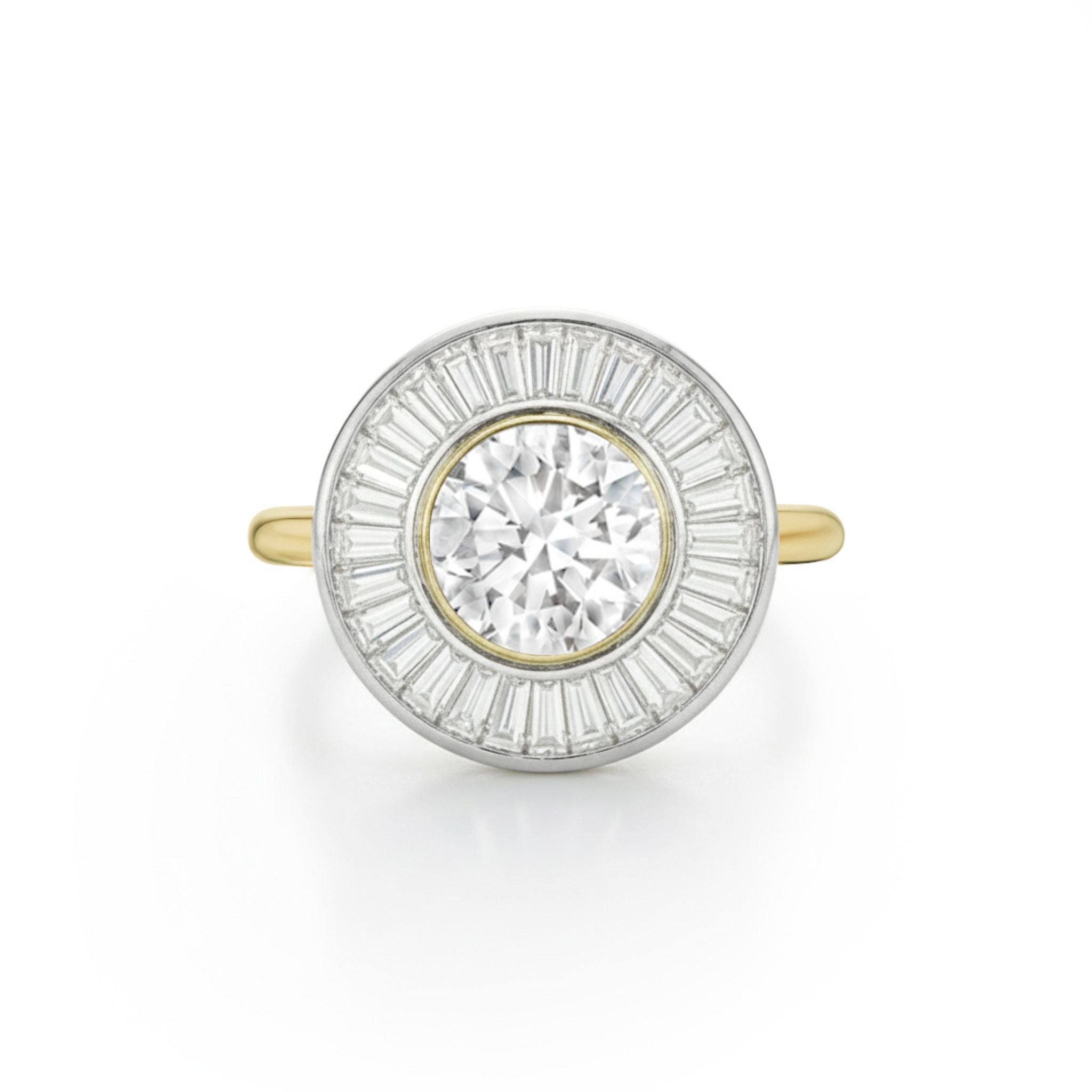 A yellow gold engagement ring featuring a round diamond center with a halo of channel-set tapered baguette diamonds.