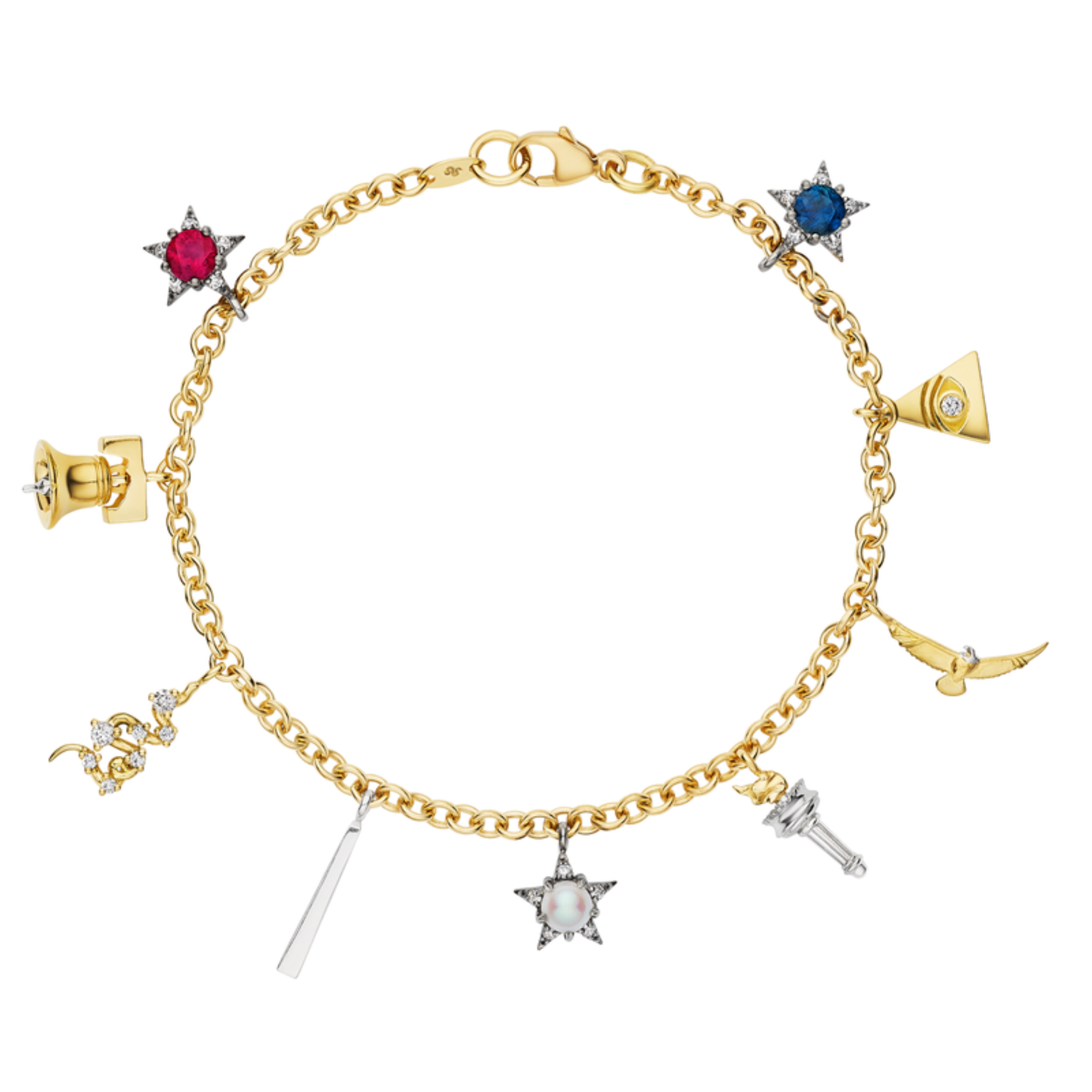 The America250 Ruby, Pearl, Sapphire, and Diamond Charm Bracelet in yellow gold showcases dangling charms—stars with gems, megaphone, angel wing, ballerina, microphone, and wand—on a delicate 18k yellow gold chain with clasp.
