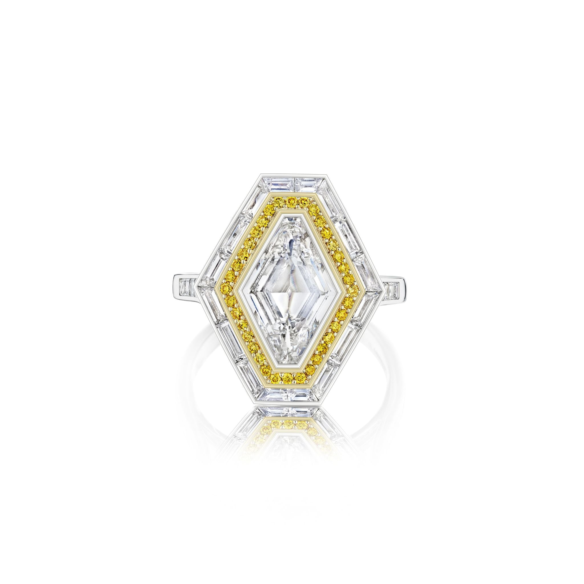 The Lozenge Shape Diamond with Yellow Round Diamond and Channel Set Diamond Halo Revival Engagement Ring features a central lozenge diamond, yellow round diamond halo, and baguette channel set diamonds on a white gold band.