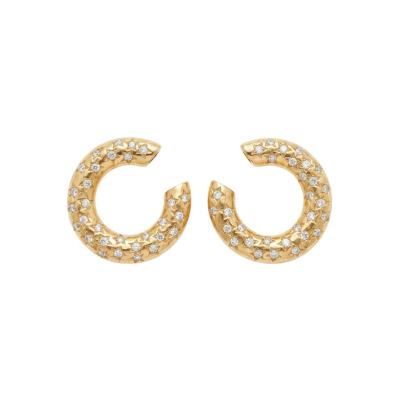 Pair of Gold and Diamond Earclips crafted from 18K yellow gold with two rows of sparkling white diamonds along the curved surface, shown against a plain white background.