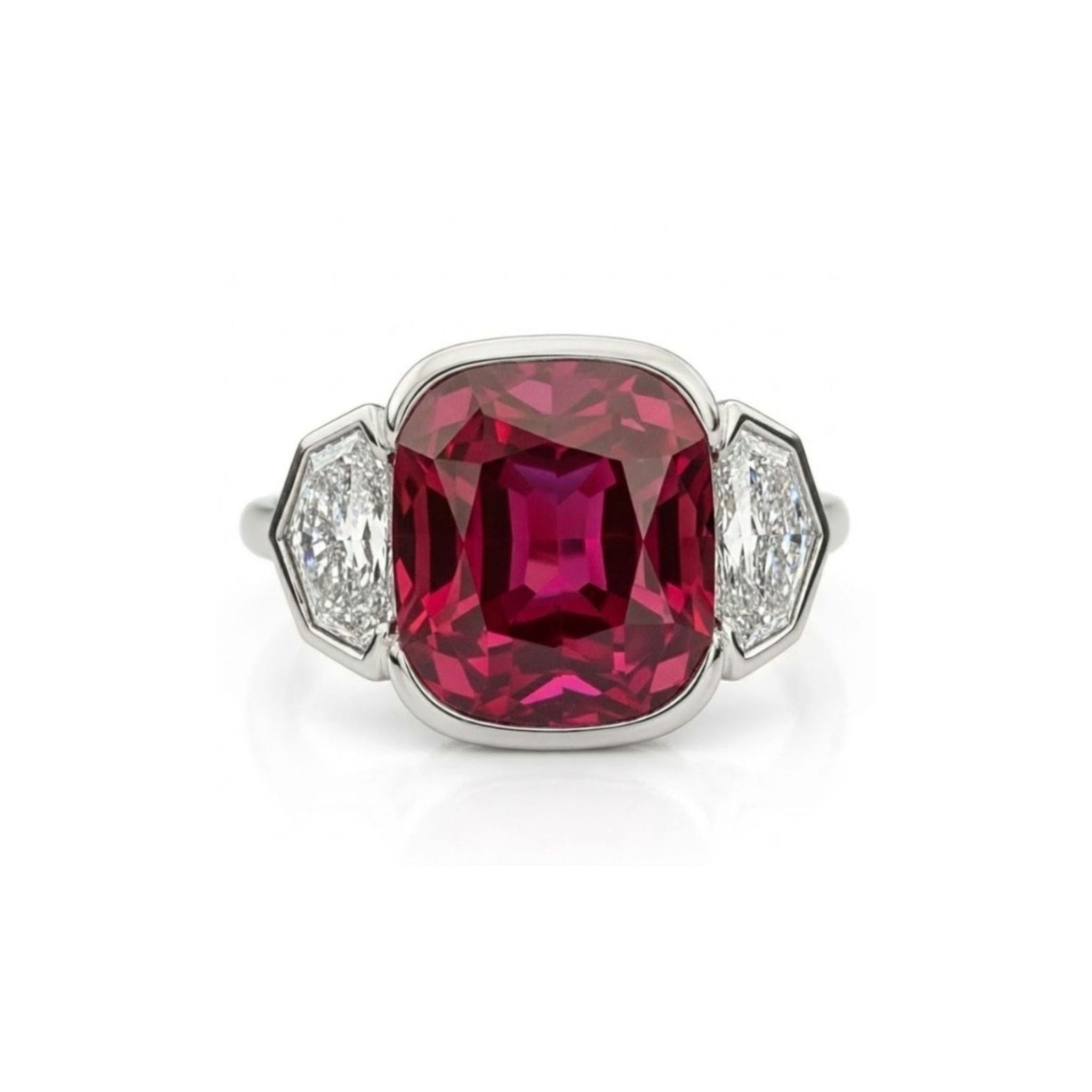 Here’s a rewritten sentence using your product data: A captivating Half Bezel Set Cushion Ruby Three Stone Ring with Epaulette Diamond Side Stones in White Gold, showcasing a vibrant cushion-cut ruby at the center, elegantly accompanied by two geometric epaulette-cut diamonds on each side.