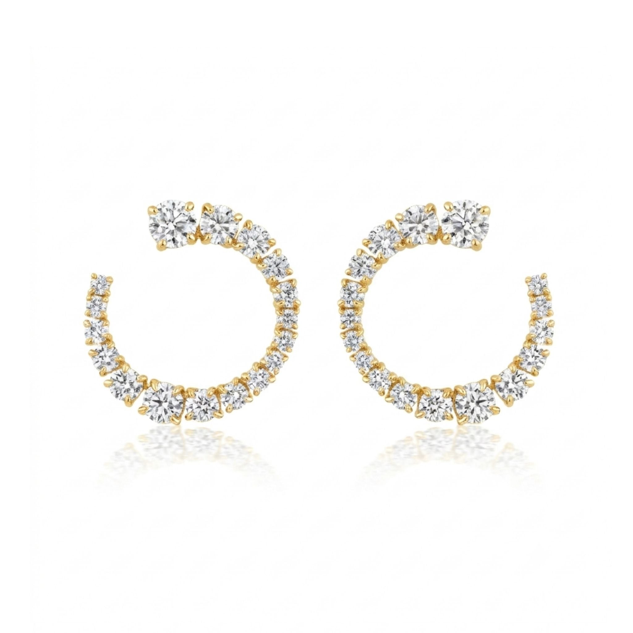 The Wave Round Diamond Front to Back Hoops in white gold feature G-H color round diamonds in a semicircle design, crafted from 18k white gold and displayed on a white background.
