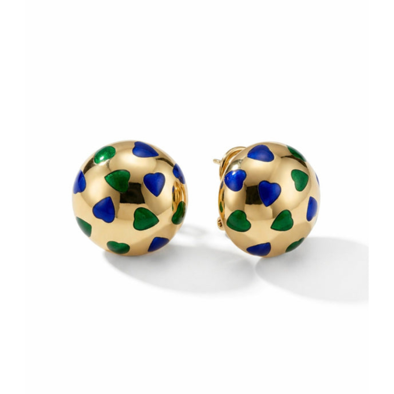 Van Cleef & Arpels Gold and Enamel Earclips featuring round 18K gold, adorned with blue and green enamel hearts, shown on a white background.