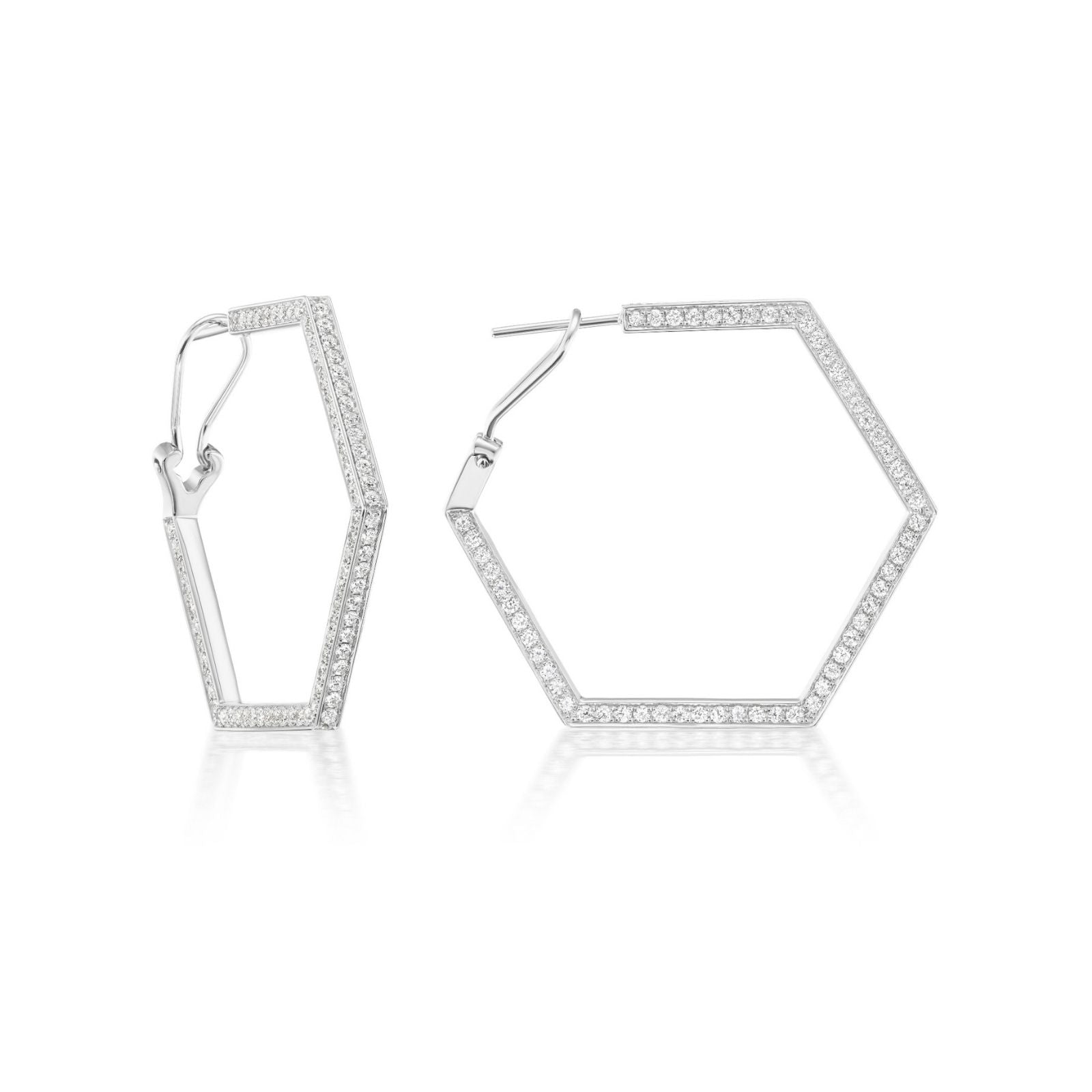 Hexagon Pavé Hoops in 18k Gold with round diamonds, displayed on a white background—one hoop standing upright, the other lying flat.