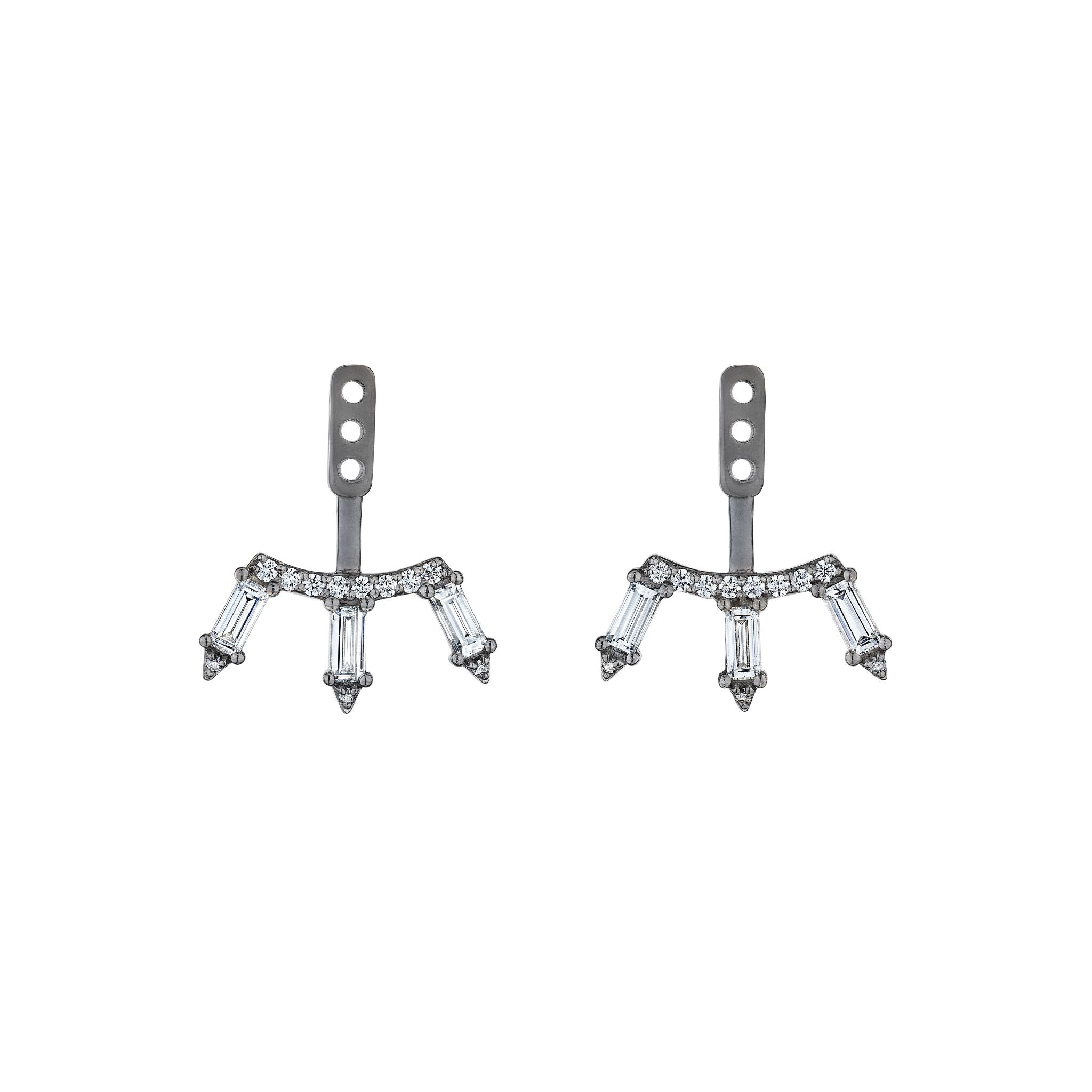 The America250 Baguette Diamond Ear Jackets in Black Rhodium are handcrafted in NYC, featuring a curved row of small round stones and three dangling baguette-cut crystals per earring with adjustable flat stud backings.