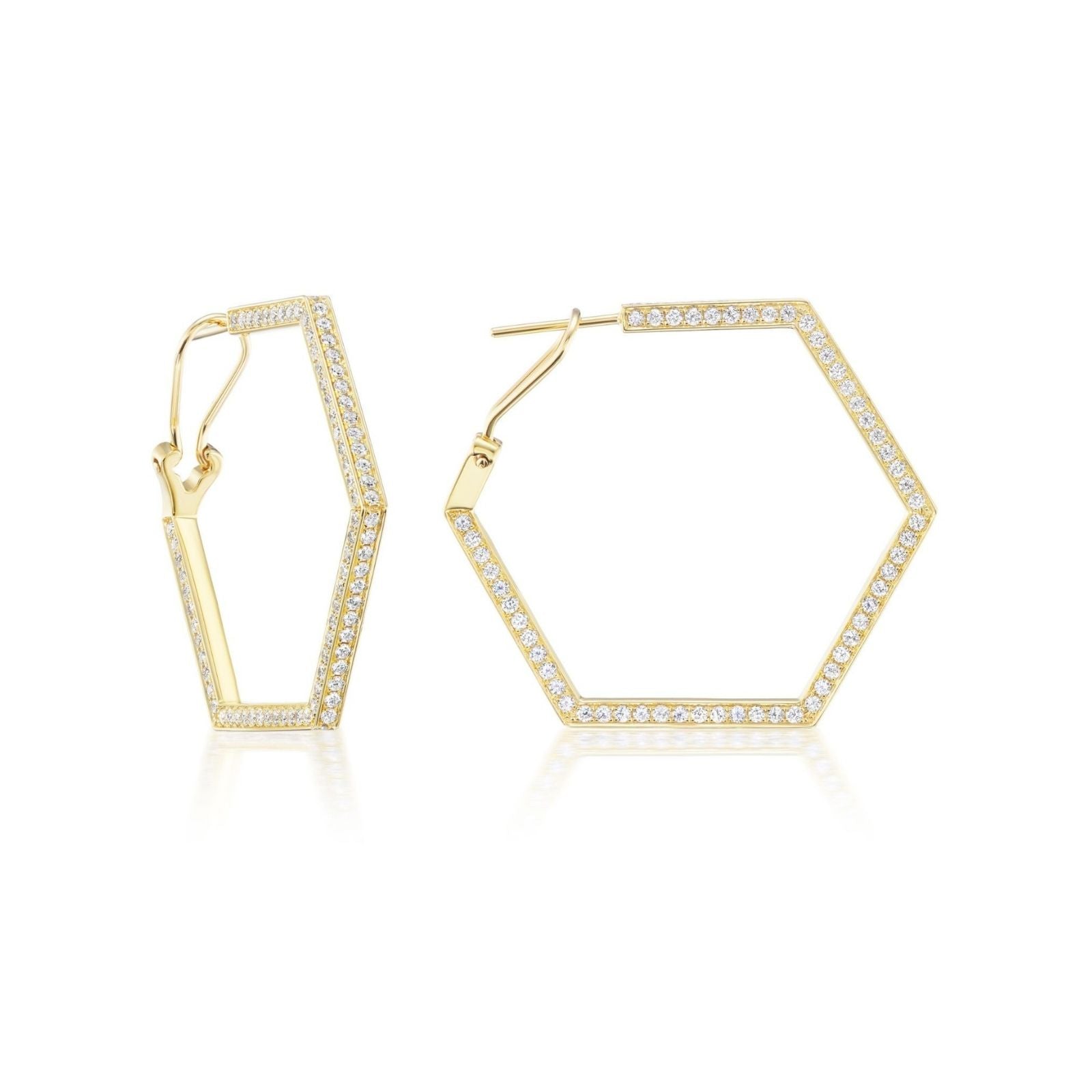 The Hexagon Pavé Hoops, crafted in 18k Gold with small round diamonds along the outer edges, are shown against a white background.