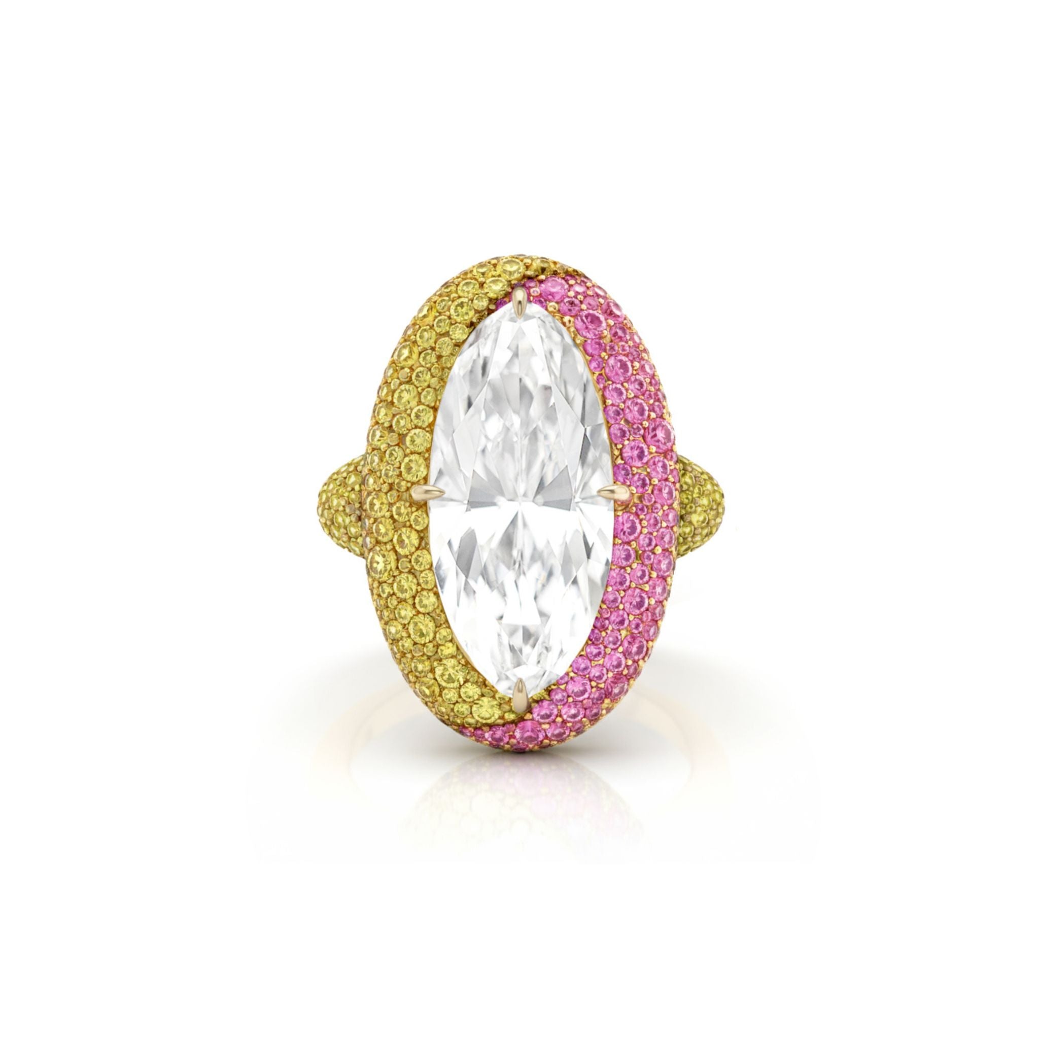 Introducing the Colorful Cobblestone Pavé Marquise Diamond Bombé Engagement Ring in Yellow Gold—a striking ring featuring a marquise-cut diamond accented by vibrant yellow and pink pavé stones that encircle the setting, creating a bold, colorful, and luxurious design perfect for those seeking standout elegance.