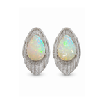The Vintage Opal and Diamond Earrings showcase large, oval opals encircled by rows of sparkling diamonds, all elegantly set in platinum to create a dazzling waterfall effect.