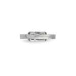 A 1950s Diamond Ring featuring a flat platinum band and an engraved rectangular design on top, exuding vintage style, shown from the front against a white background.