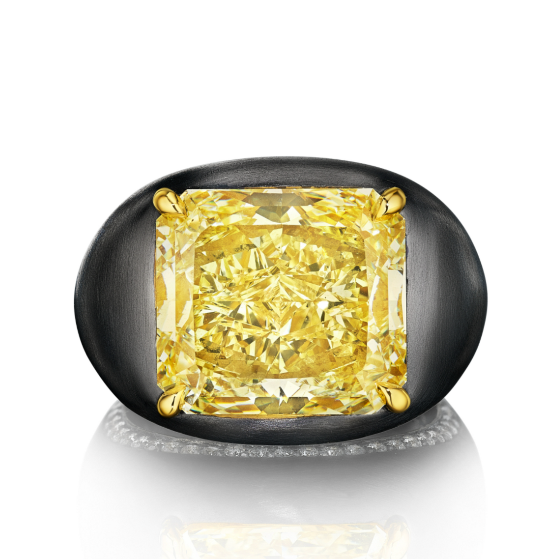 East-West Prong Set Radiant Cut Yellow Diamond Signet Ring in Black Rhodium
