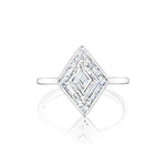 Introducing the Bezel Set Lozenge Diamond Engagement Ring, a stunning 18K white gold piece showcasing a large, square-cut diamond elegantly set in a bezel and oriented in a striking lozenge shape, beautifully displayed against a white background.