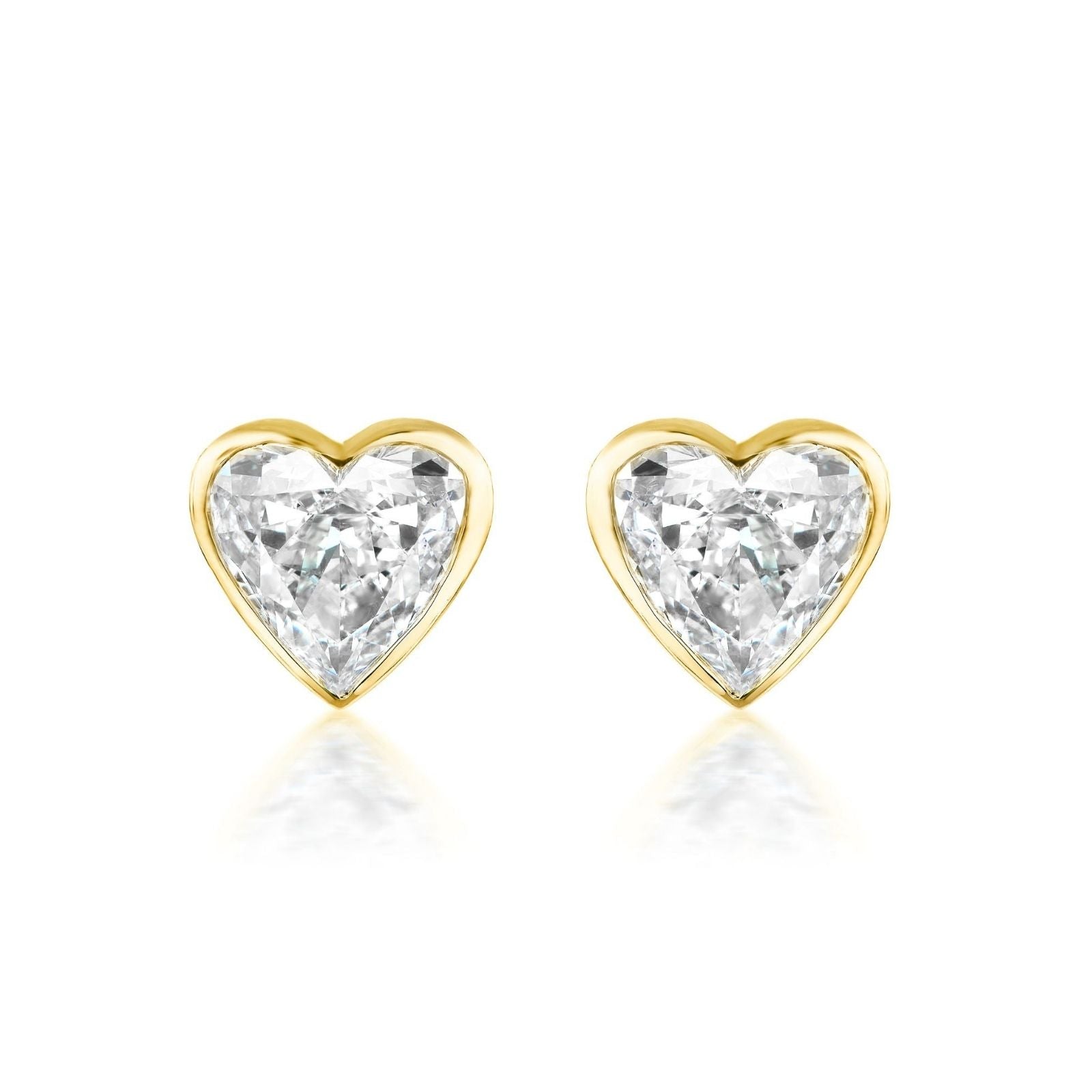 Bezel Set Diamond Heart Studs in White Gold displayed on a white background.
