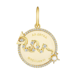 America250 Ad Astra Pavé Diamond and Pearl Medallion Pendant in Yellow Gold features a constellation, triangle with diamond, sun with pearl, and "AD ASTRA" and "MDCLXXVI" engraving—a refined tribute to America250.