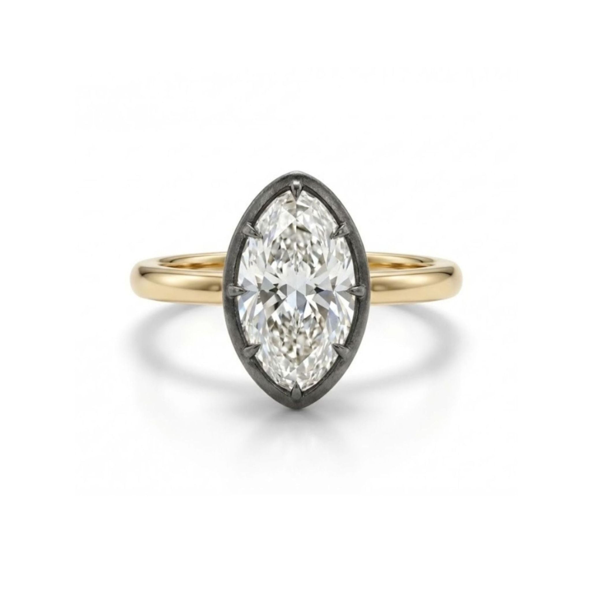 Introducing the Collet Set Marquise Diamond Solitaire Ring in Black Rhodium and Yellow Gold, showcasing a marquise-cut diamond set in a striking black rhodium bezel and elegantly complemented by an 18k yellow gold band, presented against a crisp white background.