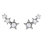 The America250 Trio Star Crawler Earrings in Black Rhodium feature star-shaped designs with white pearls and sparkling stones, set in dark metal. Handcrafted in New York City, these earrings are a limited-edition jewelry piece.