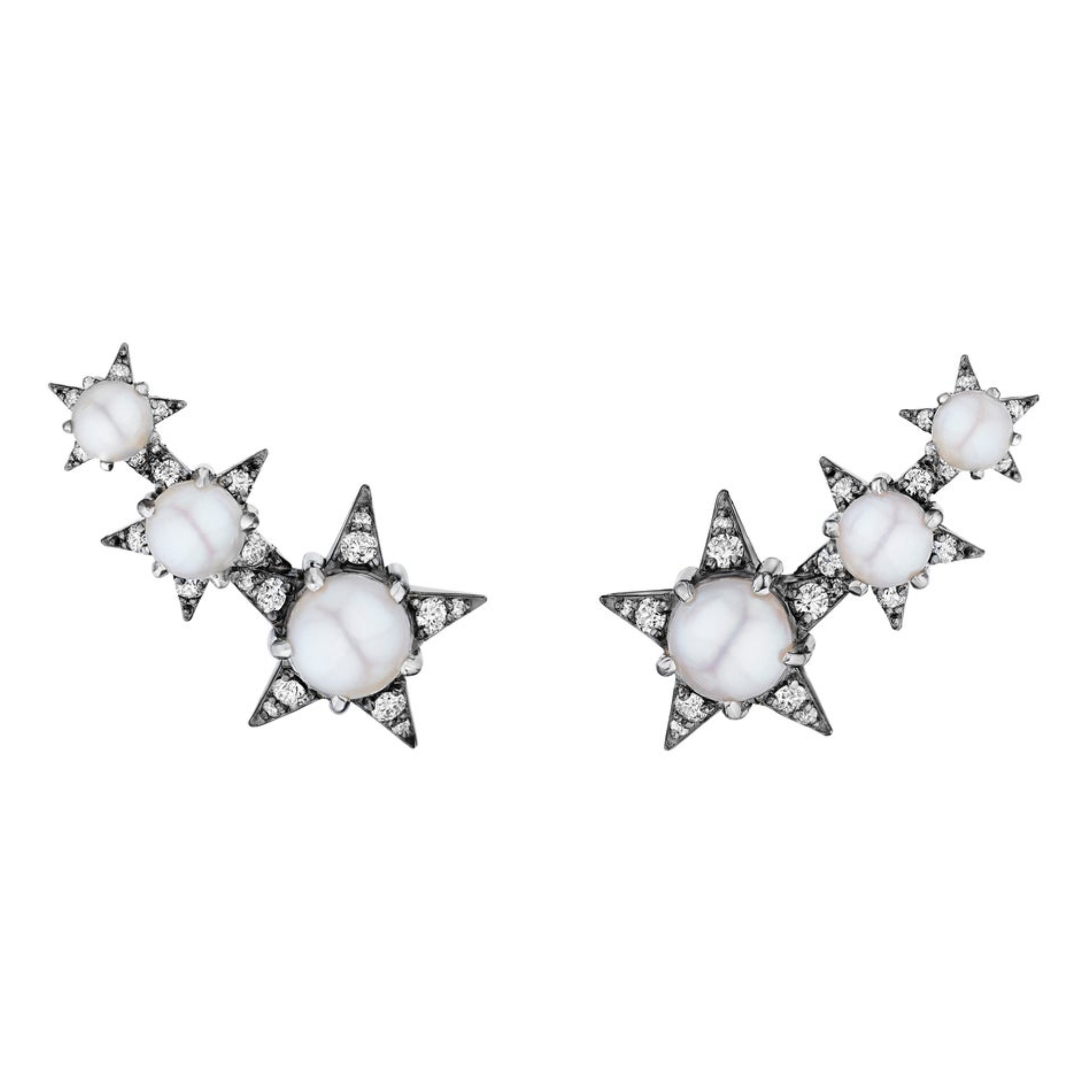 The America250 Trio Star Crawler Earrings in Black Rhodium feature star-shaped designs with white pearls and sparkling stones, set in dark metal. Handcrafted in New York City, these earrings are a limited-edition jewelry piece.