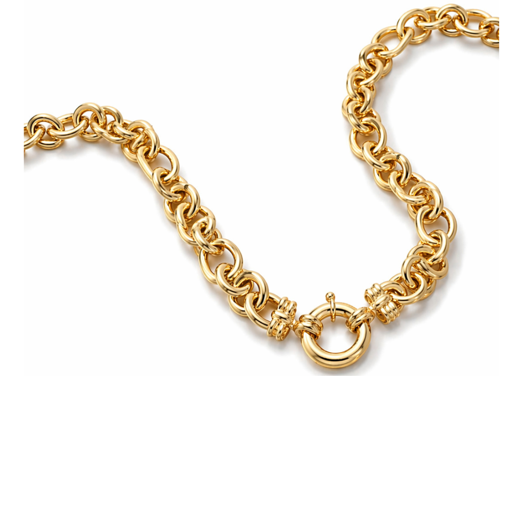A close-up of the Gold Link Necklace in 18K yellow gold, featuring thick oval knot links and a round spring-ring clasp, displayed on a white background.