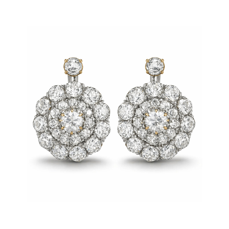 A pair of Diamond Earrings featuring old European-cut diamonds, with a central stone encircled by two diamond rows set in platinum and 18k gold, circa 1930s.