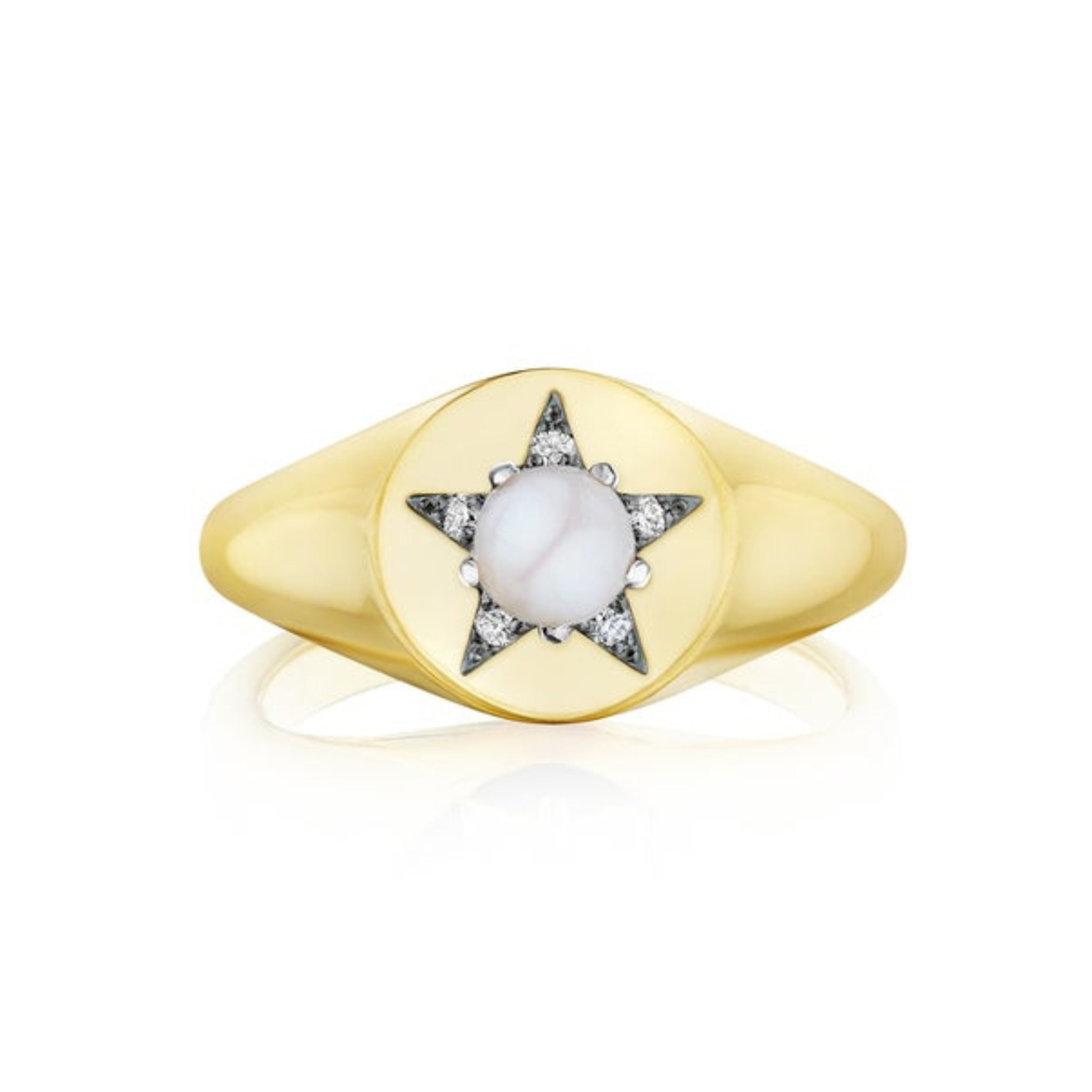 The America250 Star Signet Ring in Yellow Gold and Platinum showcases a central round white stone, sparkling clear gems on each star point, and elegant 18k gold—an eye-catching celebration of timeless style and America250.