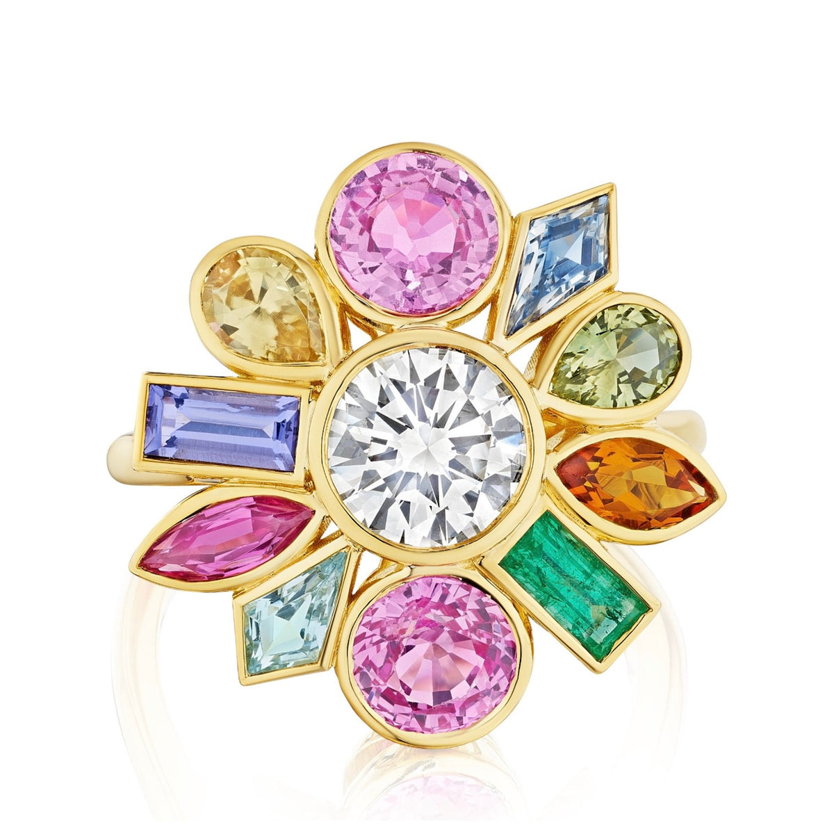 Bezel Set Bespoke Round Brilliant Diamond and Sapphire Multi Color Ring in Yellow Gold