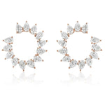 Sunshine Motif Front-to-Back Hoops Small: Circular earrings with pear-shaped clear gemstones in a radiating G-H color pattern, set in 18k gold, shown on a white background.