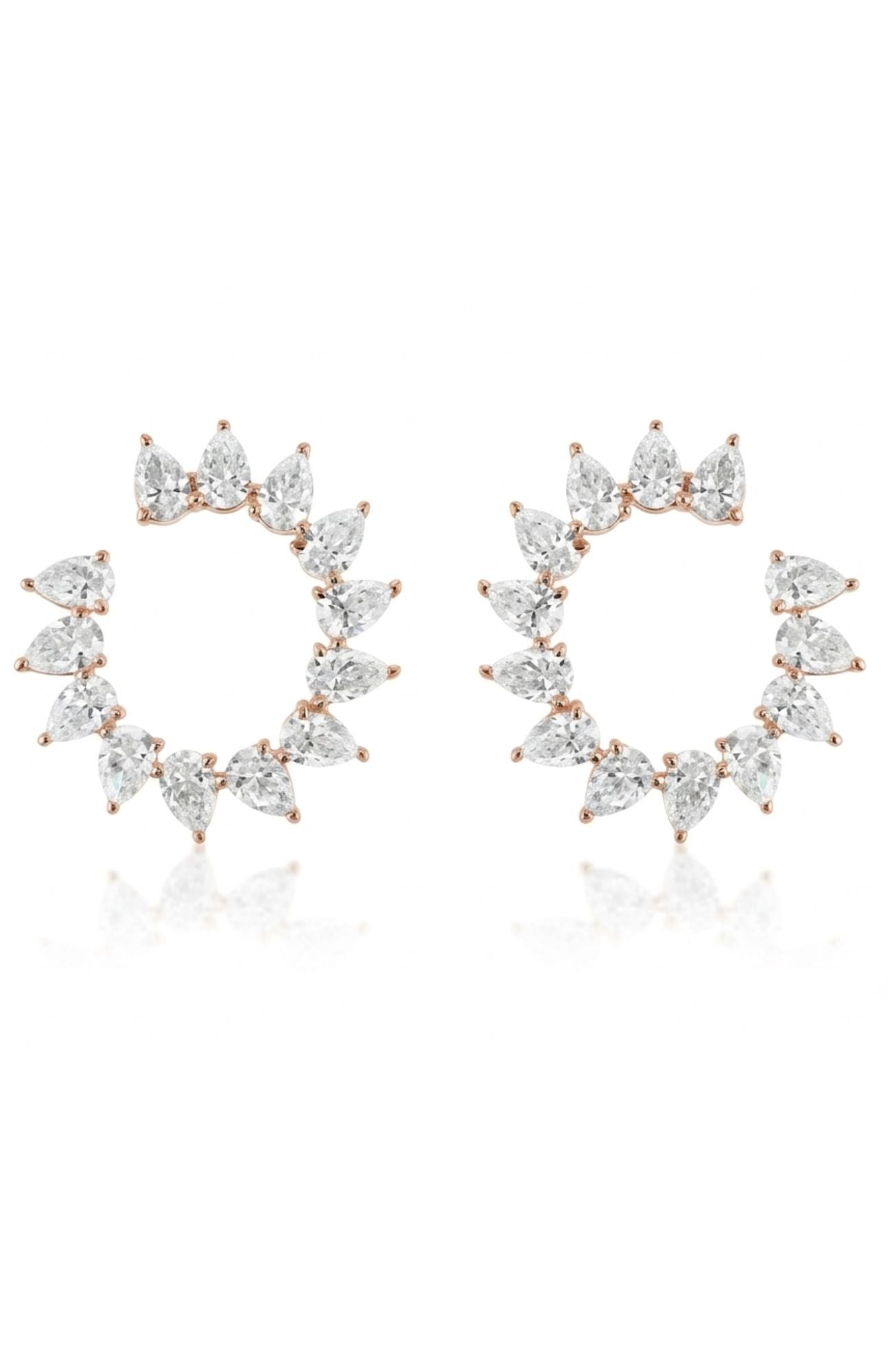 Sunshine Motif Front-to-Back Hoops Small: Circular earrings with pear-shaped clear gemstones in a radiating G-H color pattern, set in 18k gold, shown on a white background.