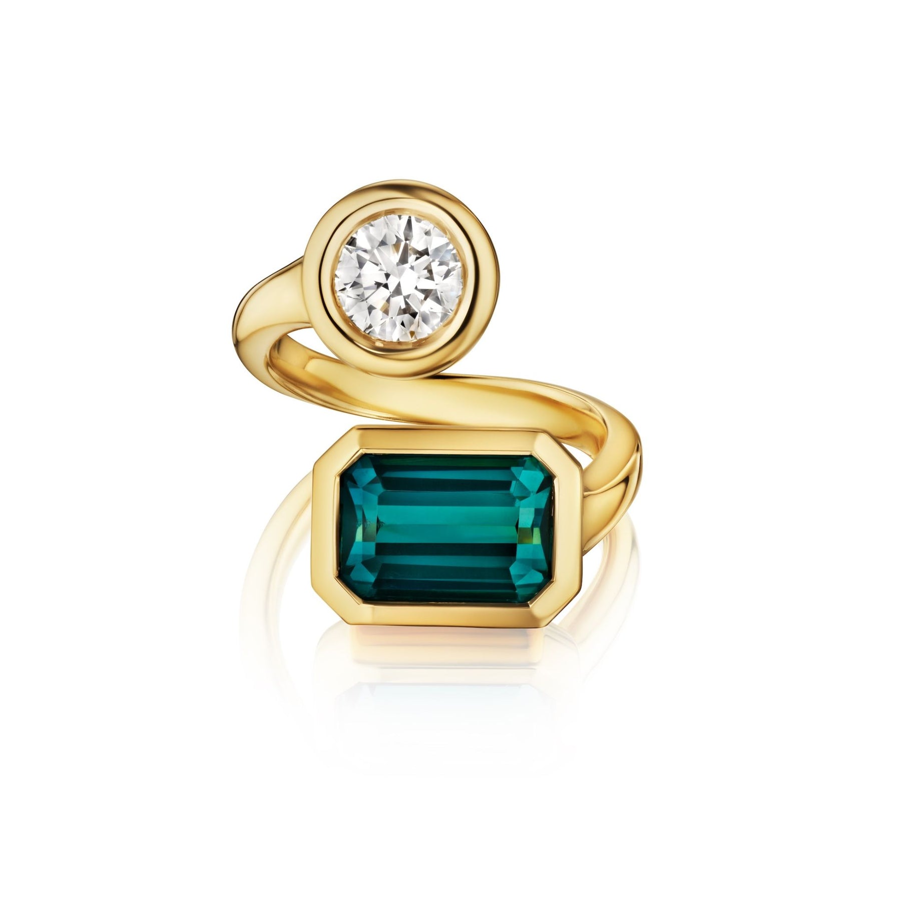 Bezel Set Toi et Moi Wrap Ring with Round Diamond and Emerald Cut Tourmaline in Yellow Gold